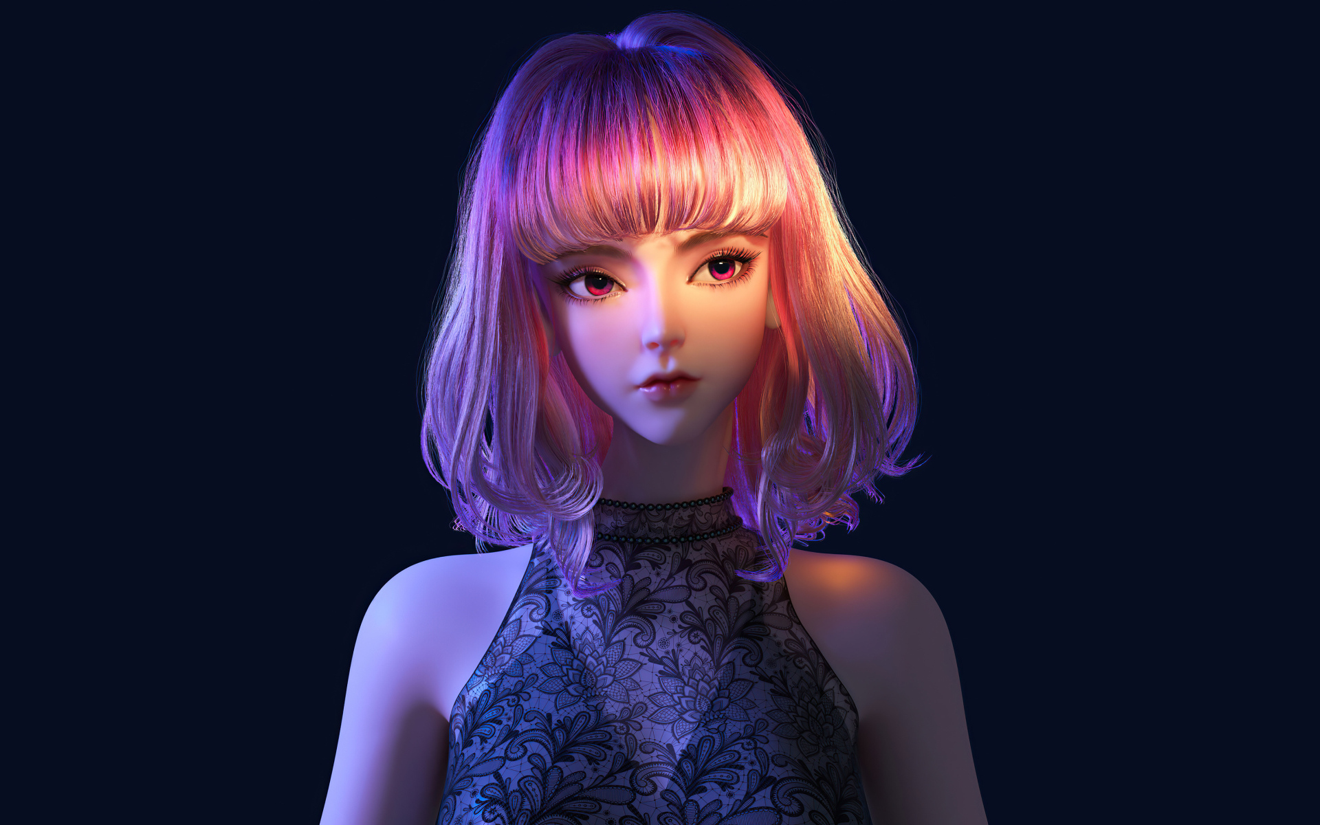 Девушка аниме с розовыми волосами на черном фоне