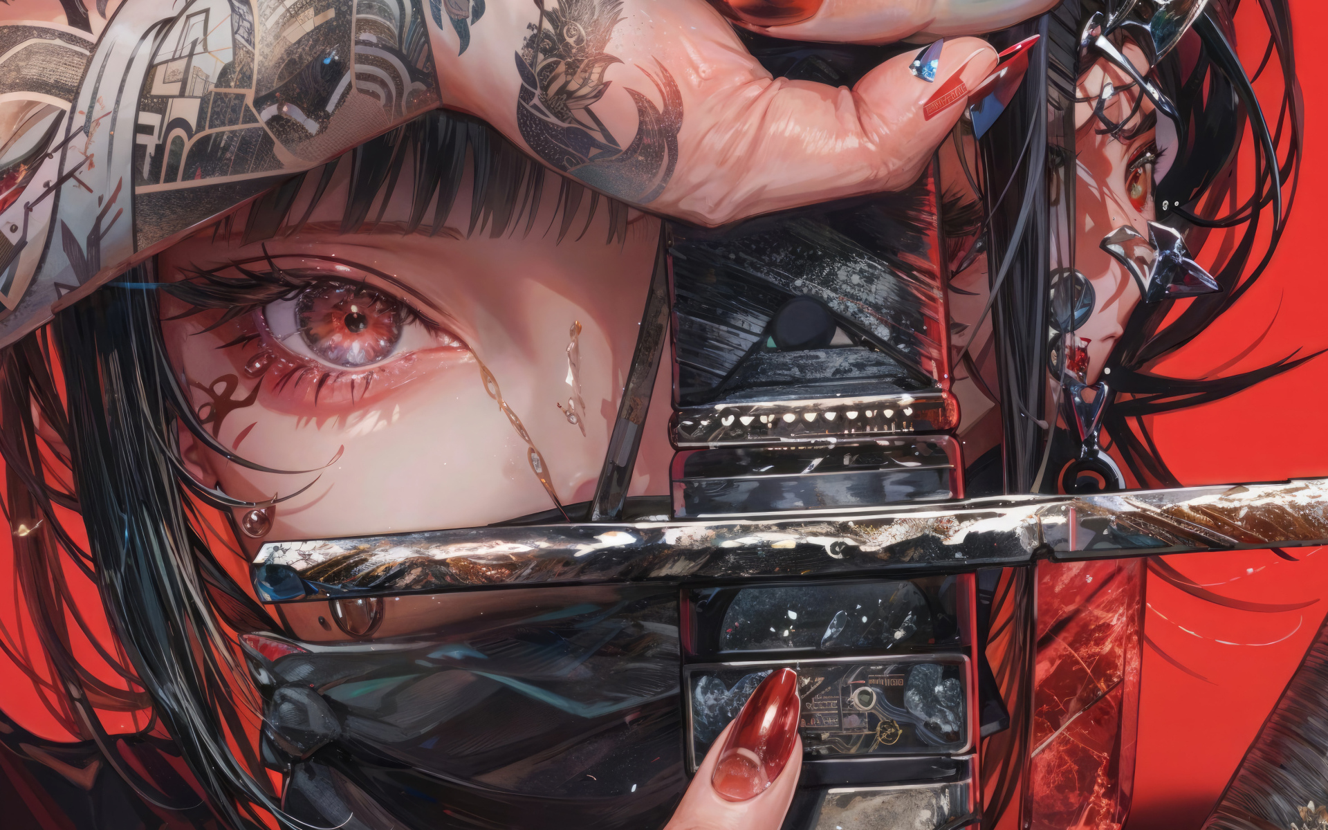 Аниме девушка с красными глазами держит меч