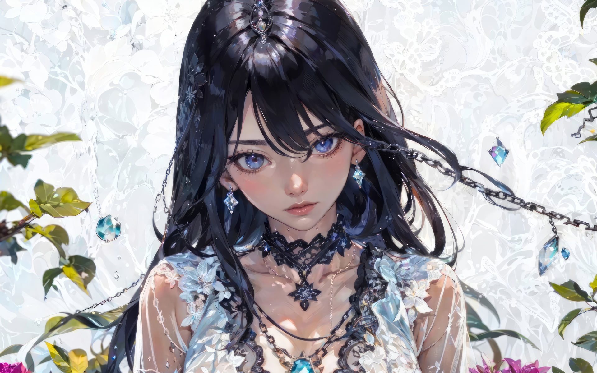 Красивая голубоглазая девушка аниме с черными волосами