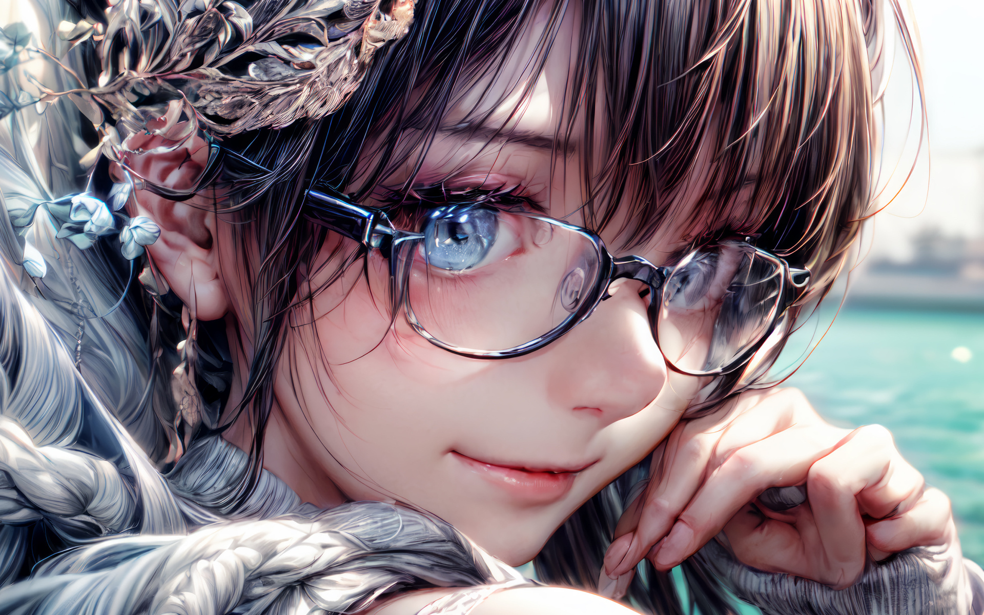 Милая голубоглазая аниме девушка в очках