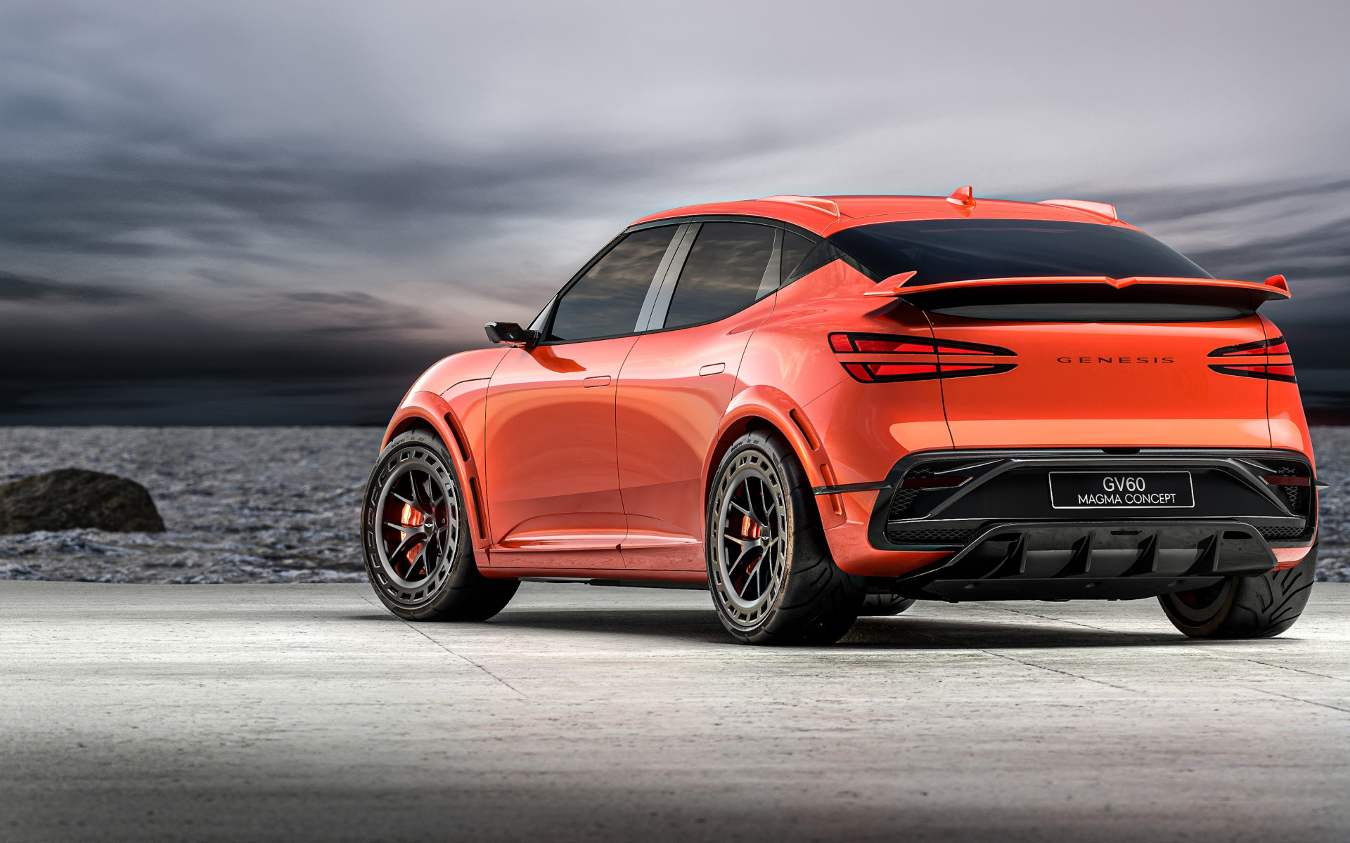 Вид сзади на автомобиль Genesis GV60 Magma Concept 2024 года