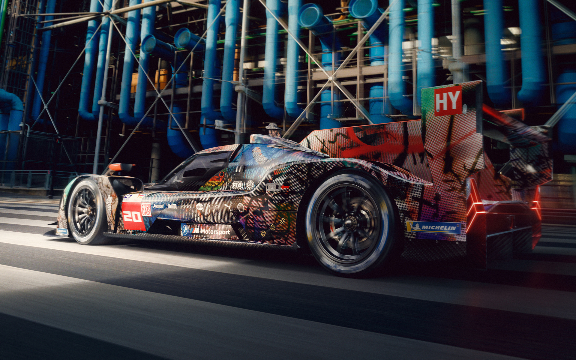 Вид сзади на автомобиль BMW Art Car By Julie Mehretu 2024 года