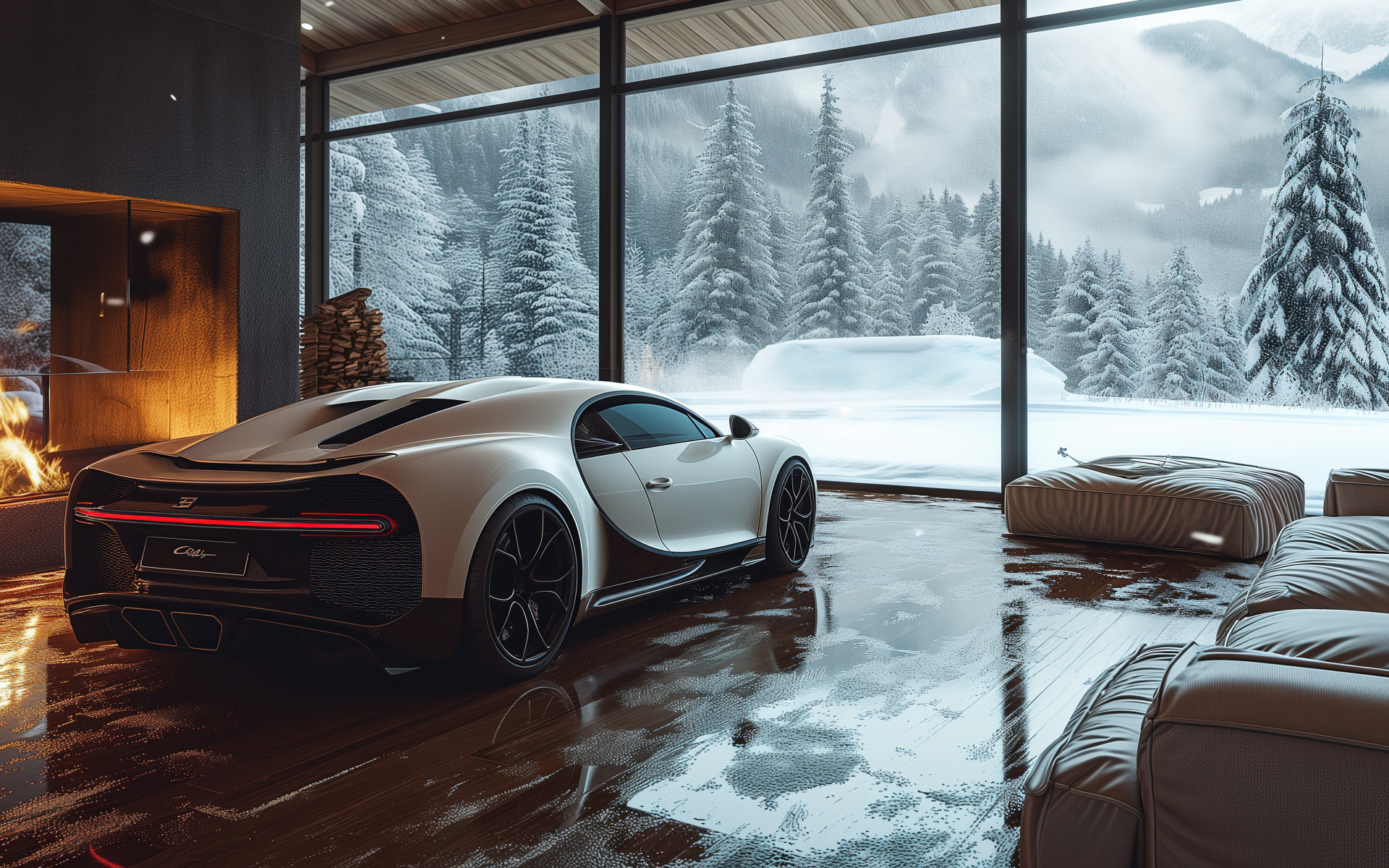 Автомобиль Bugatti Chiron Cozy в комнате зимой