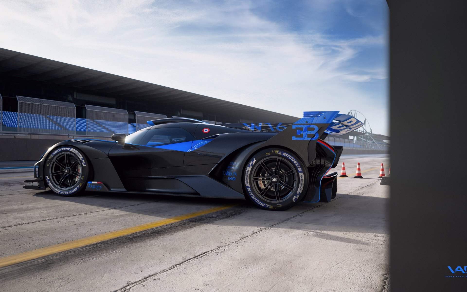 Вид сбоку на синий гоночный автомобиль Bugatti Bolide