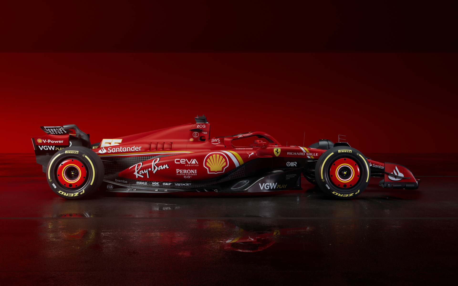 Красный гоночный автомобиль Ferrari SF-24 2024 года вид сбоку