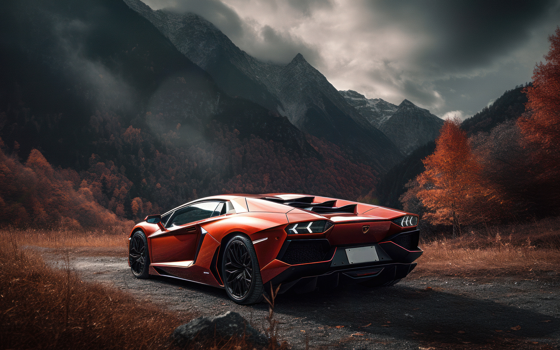 Вид сзади на автомобиль Lamborghini Aventador