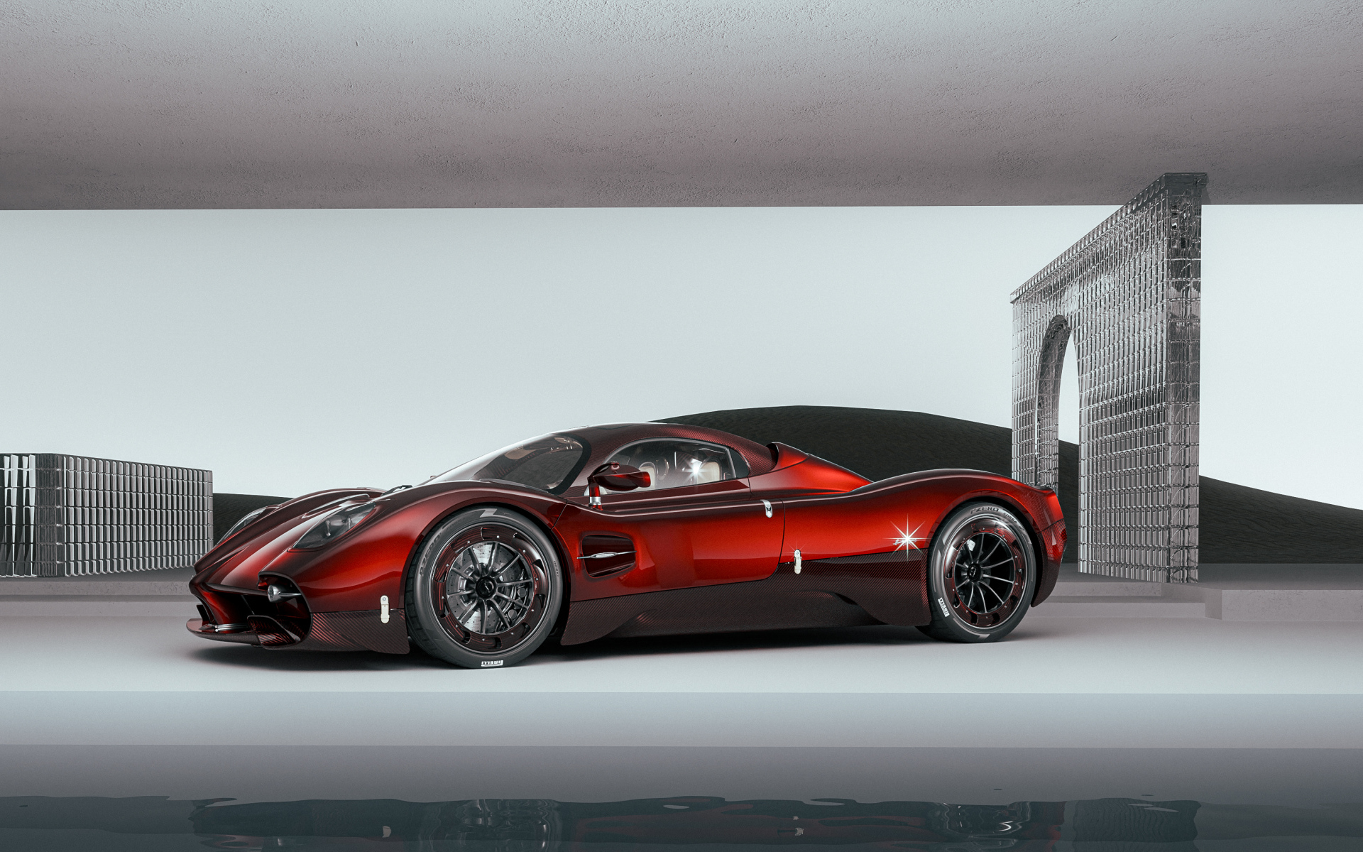 Вид сбоку на красный автомобиль  Pagani Utopia