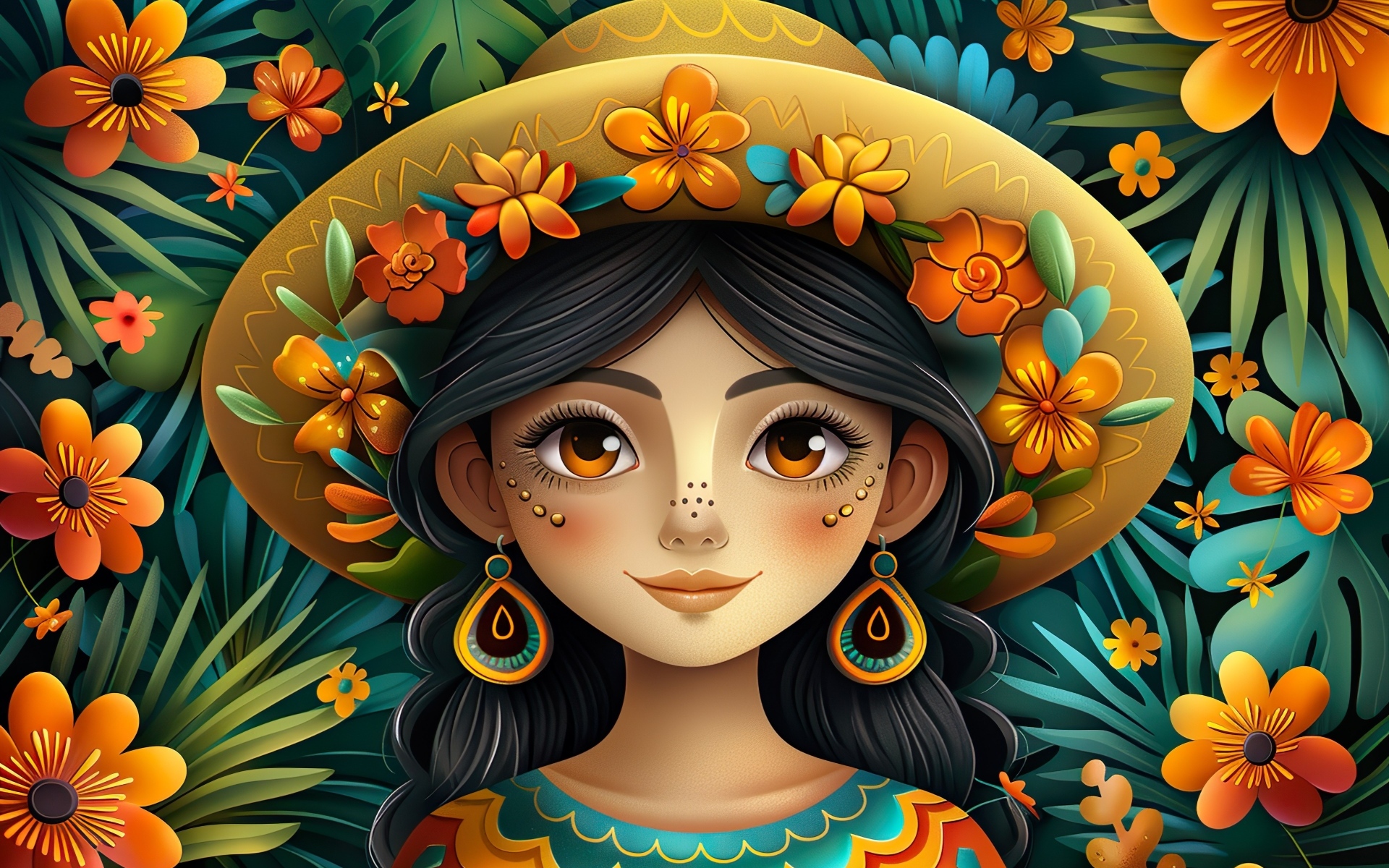 Нарисованная мексиканка в шляпе