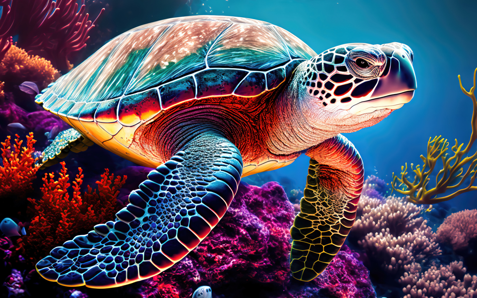 Нарисованная большая черепаха под водой