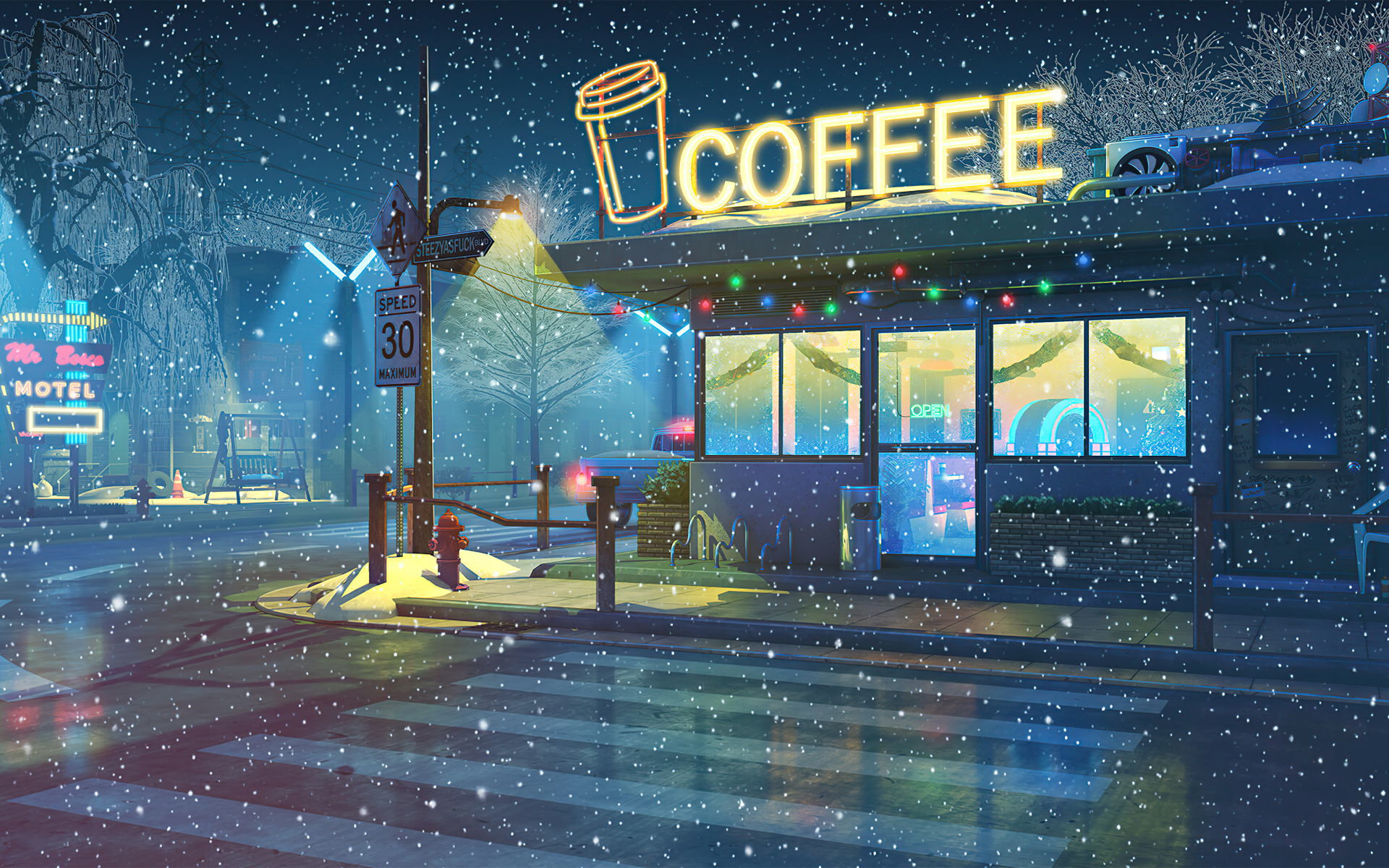 Нарисованное кафе ночью зимой