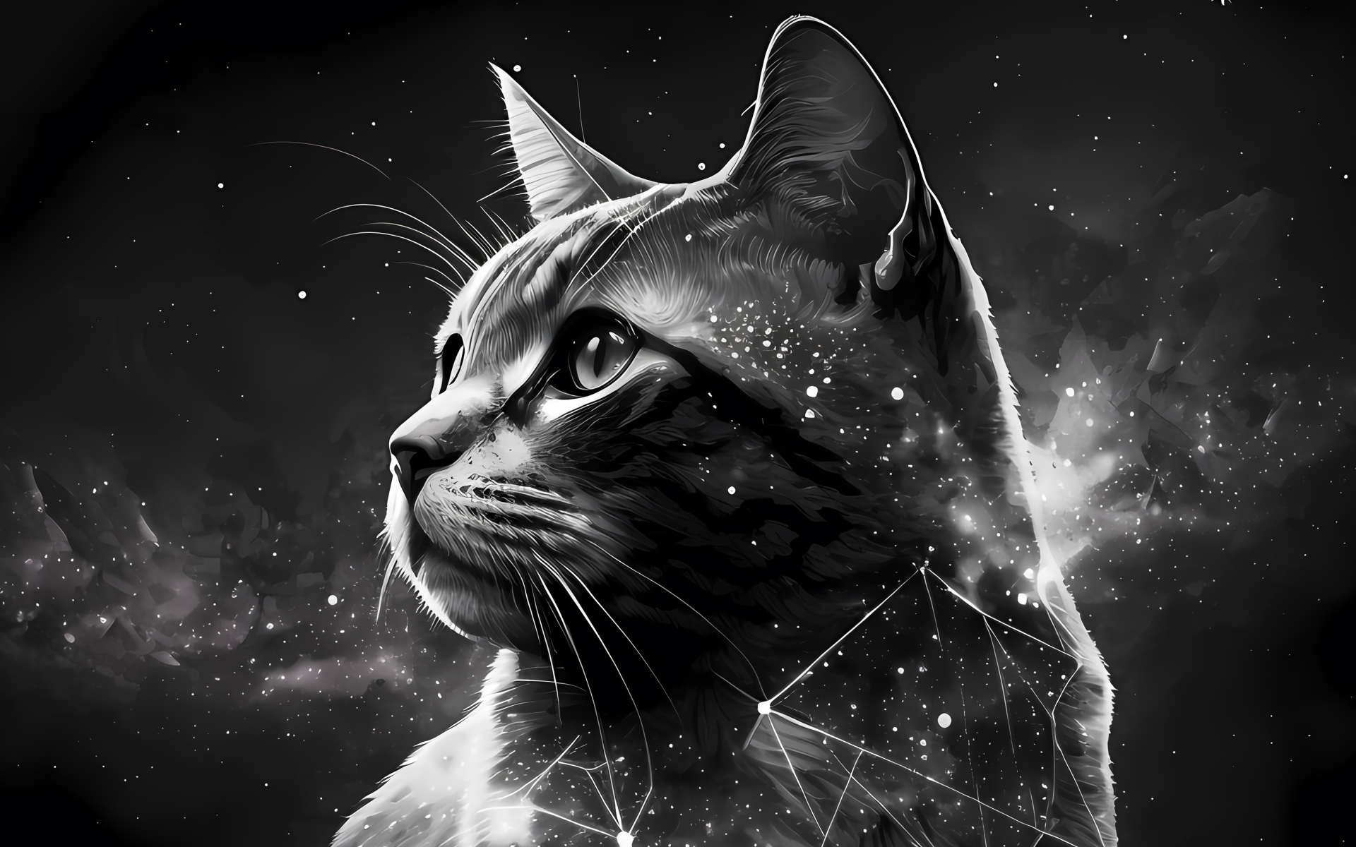 Нарисованный звездный кот на сером фоне
