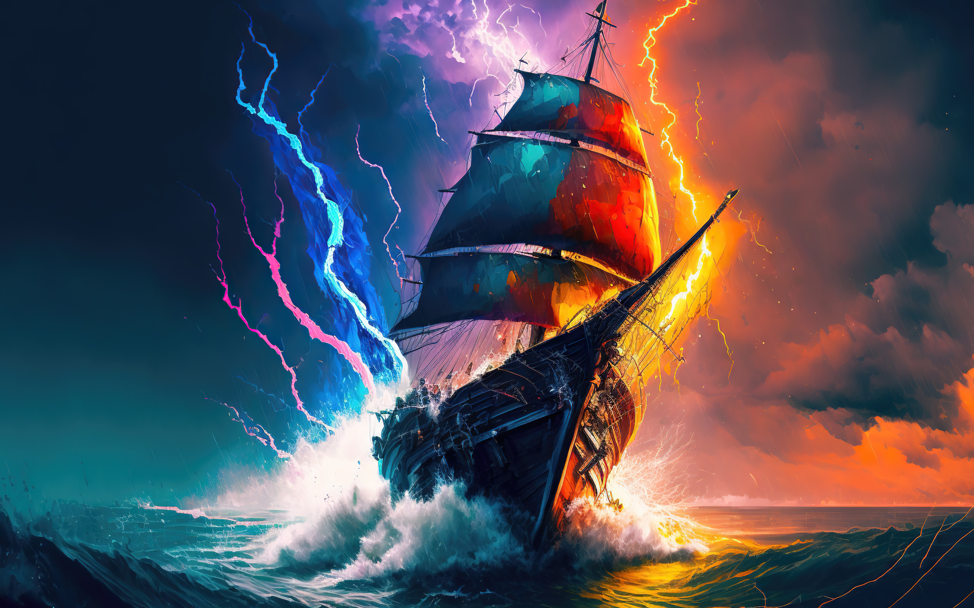 Большой нарисованный корабль в море в грозу