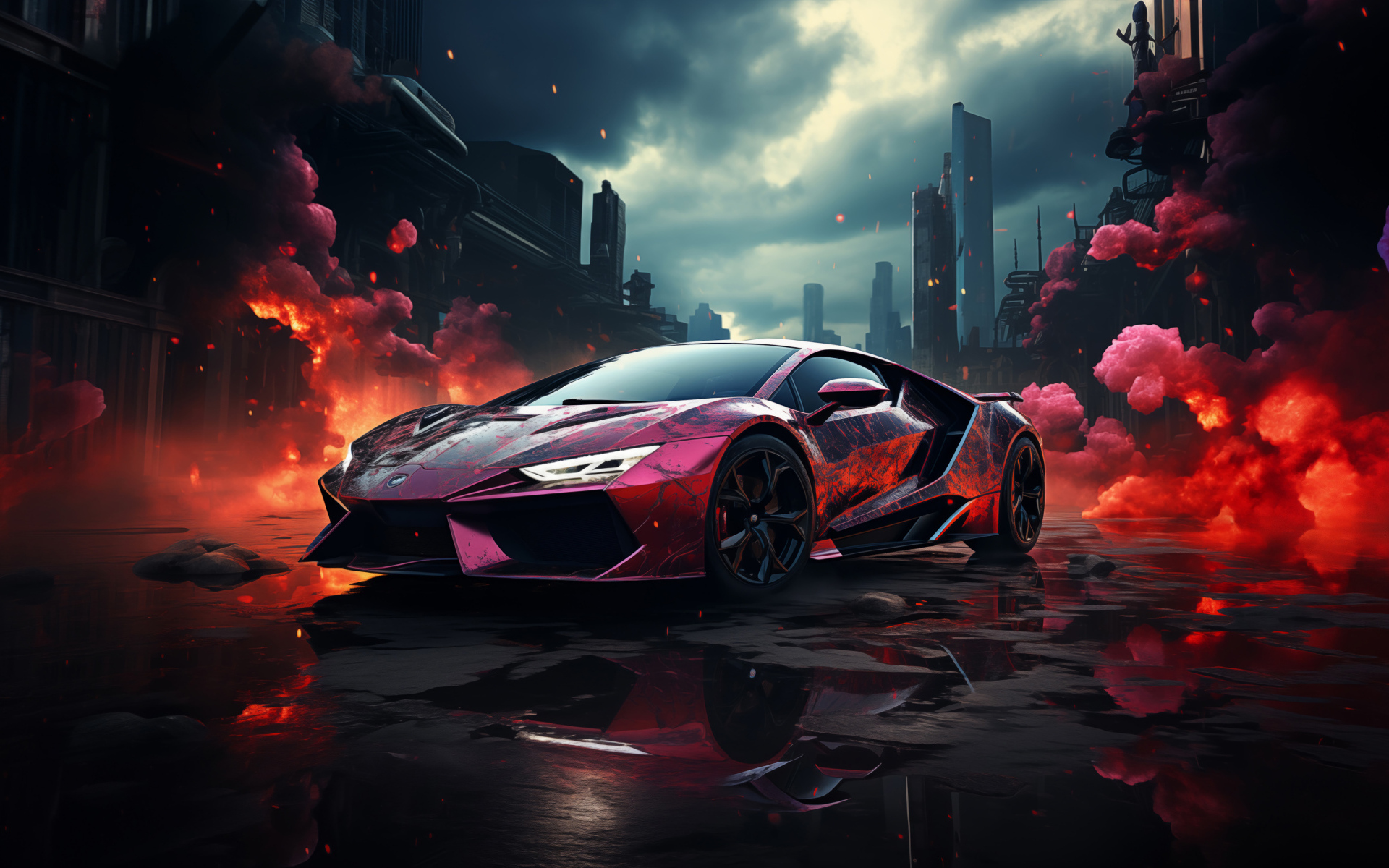 Спортивный автомобиль в красном дыму