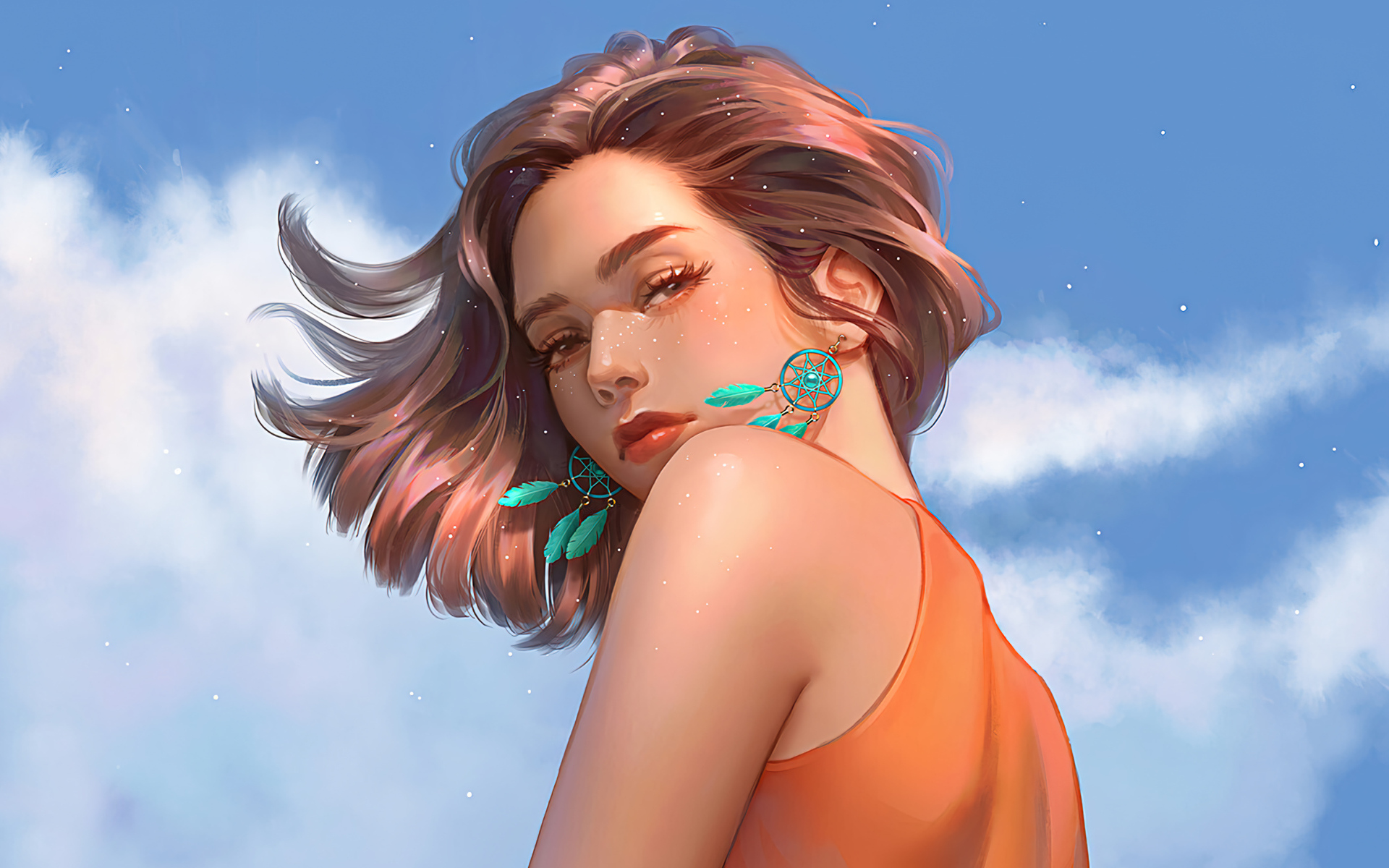 Нарисованная девушка на фоне голубого неба