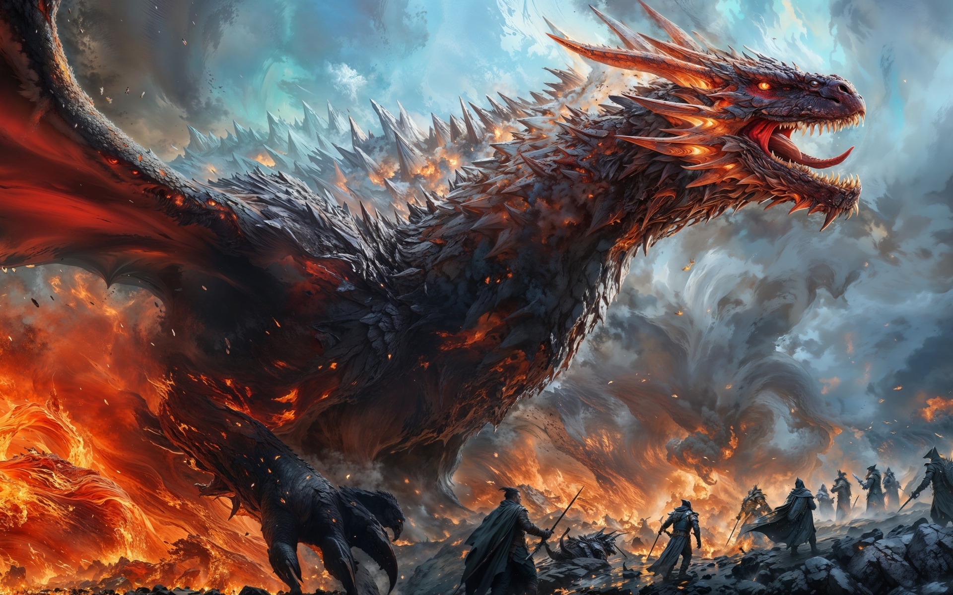 Большой злой дракон в огне с воинами