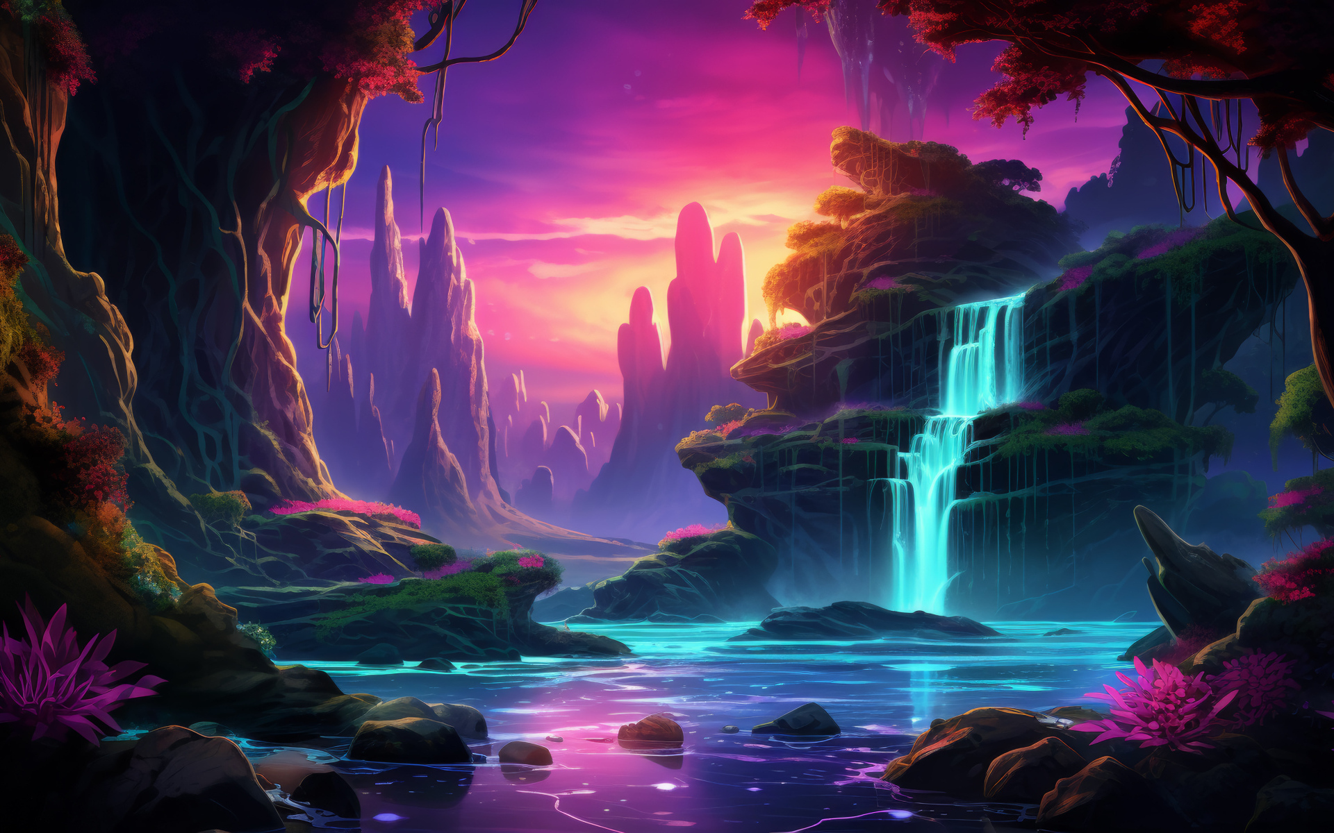 Голубая вода водопада стекает по камням