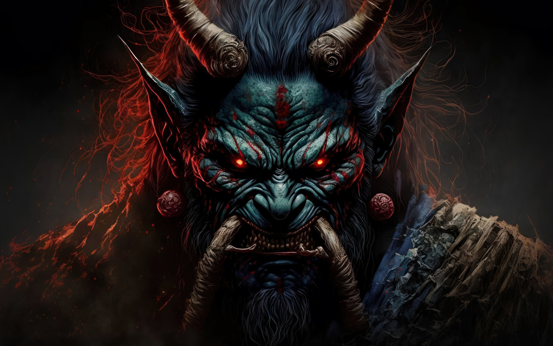 Демон с красными глазами крупным планом