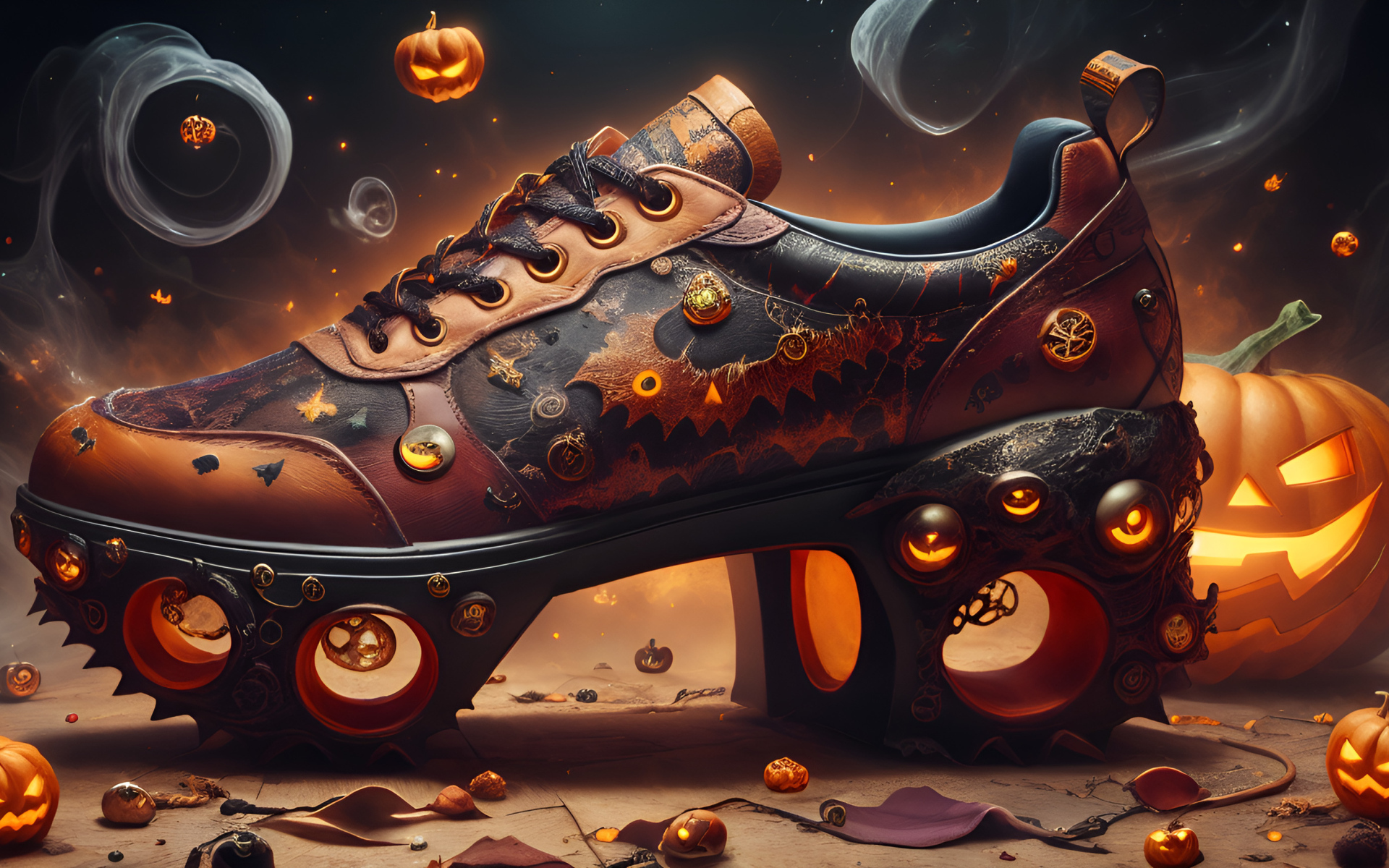 Футуристический кожаный ботинок на фоне светильников Джека в дыму