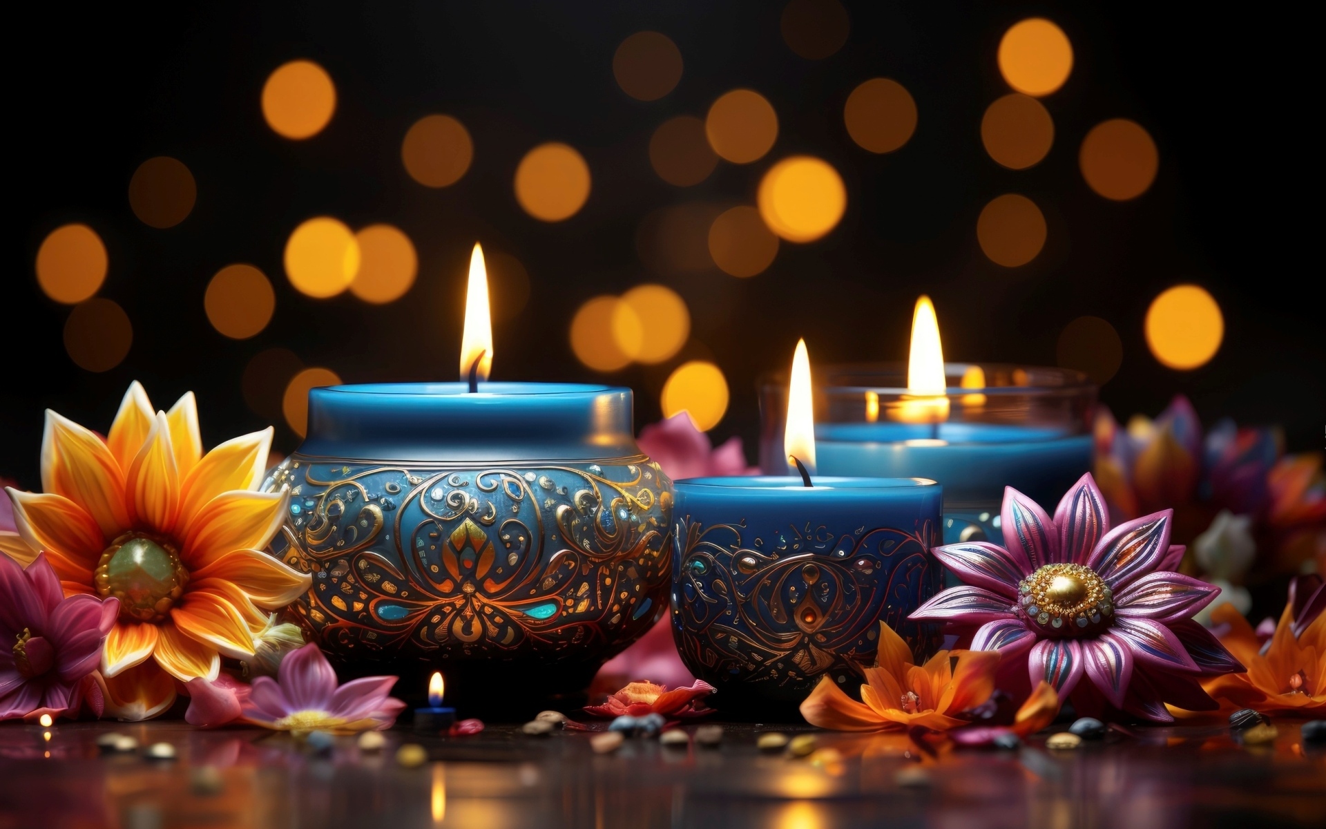 Зажженные красивые свечи с цветами на столе