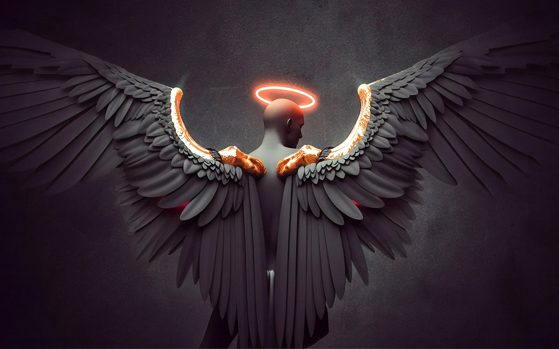 Мужчина с большими крыльями ангела на сером фоне