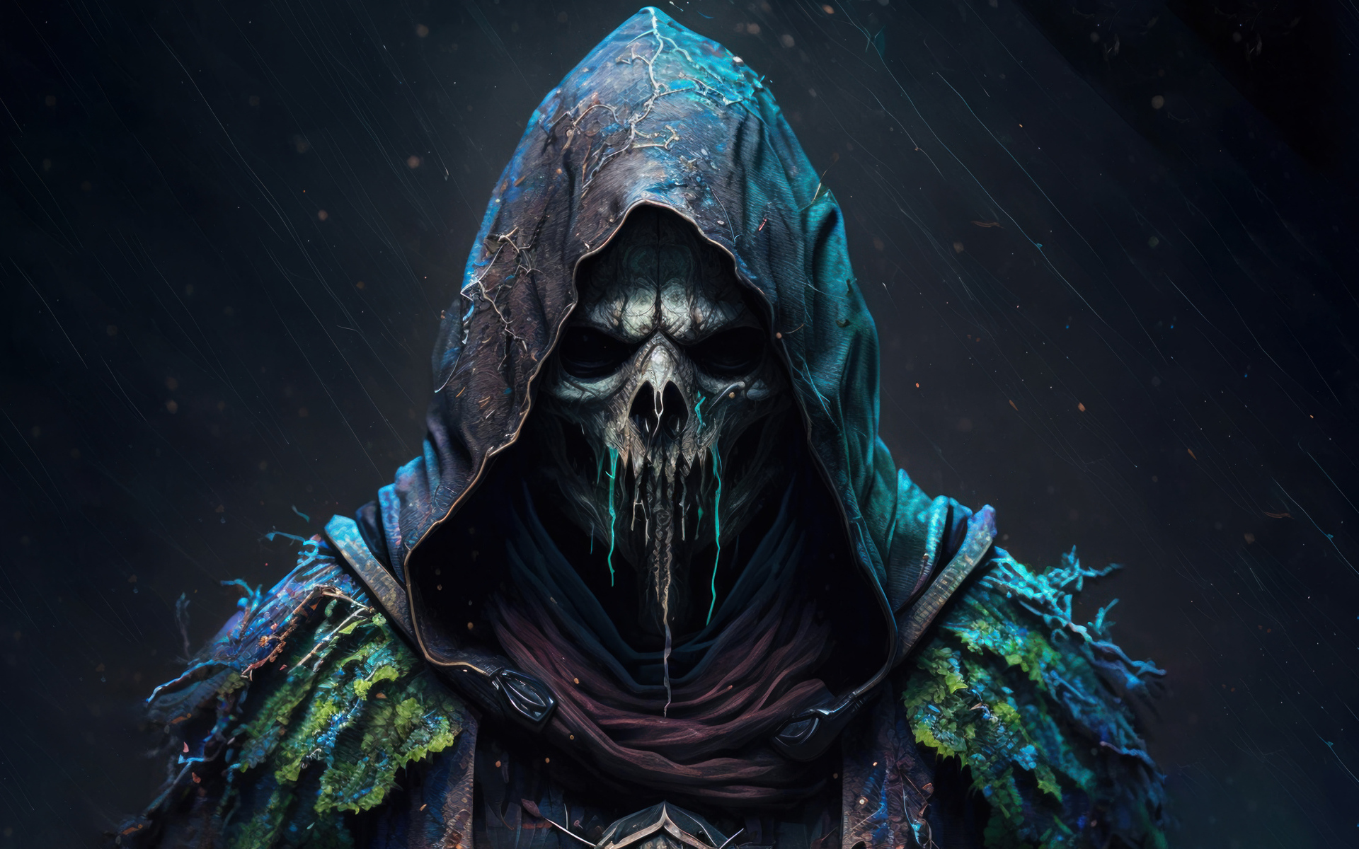 Скелет в плаще с капюшоном на черном фоне