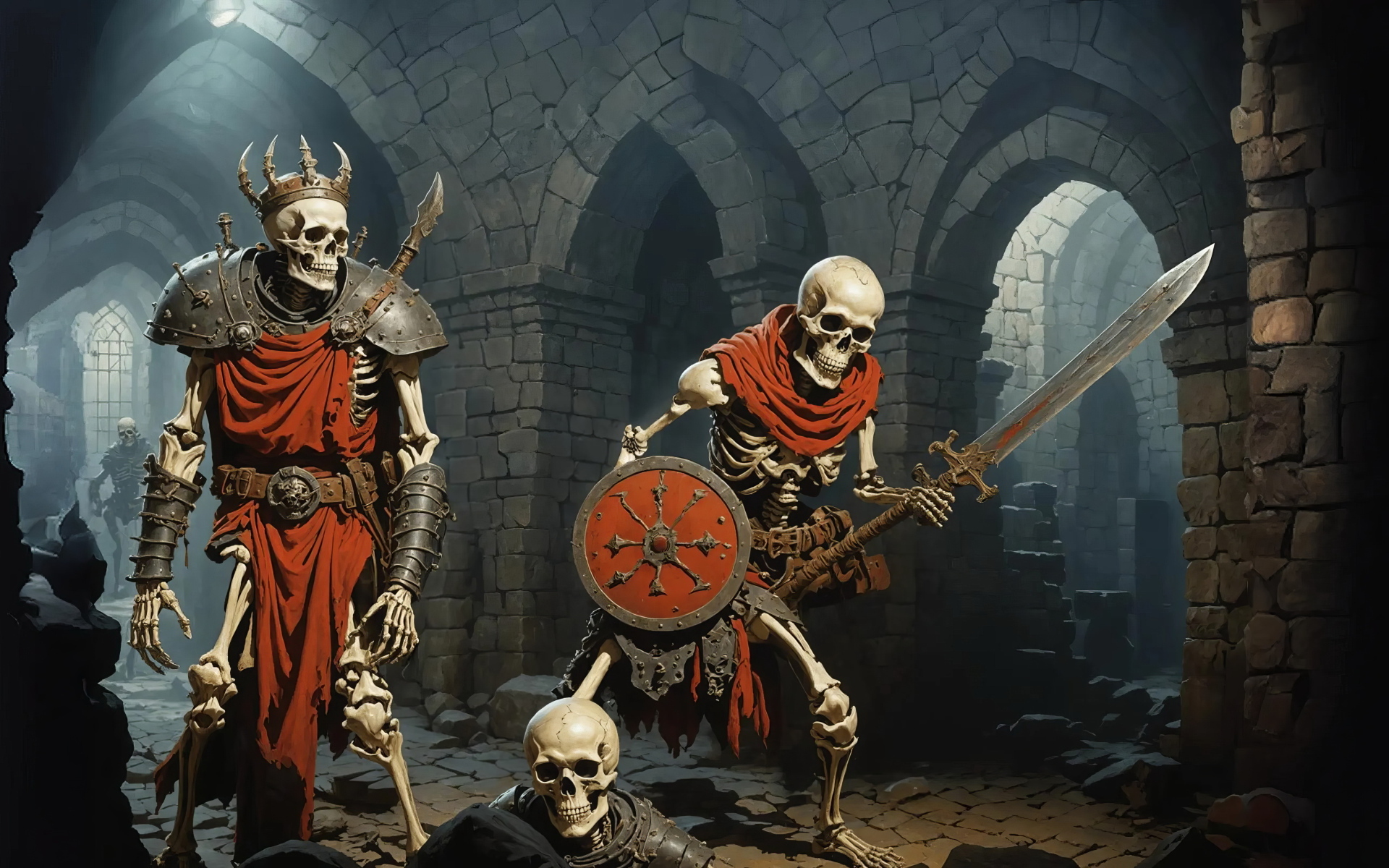Скелеты в доспехах с оружием в руках в старинном замке