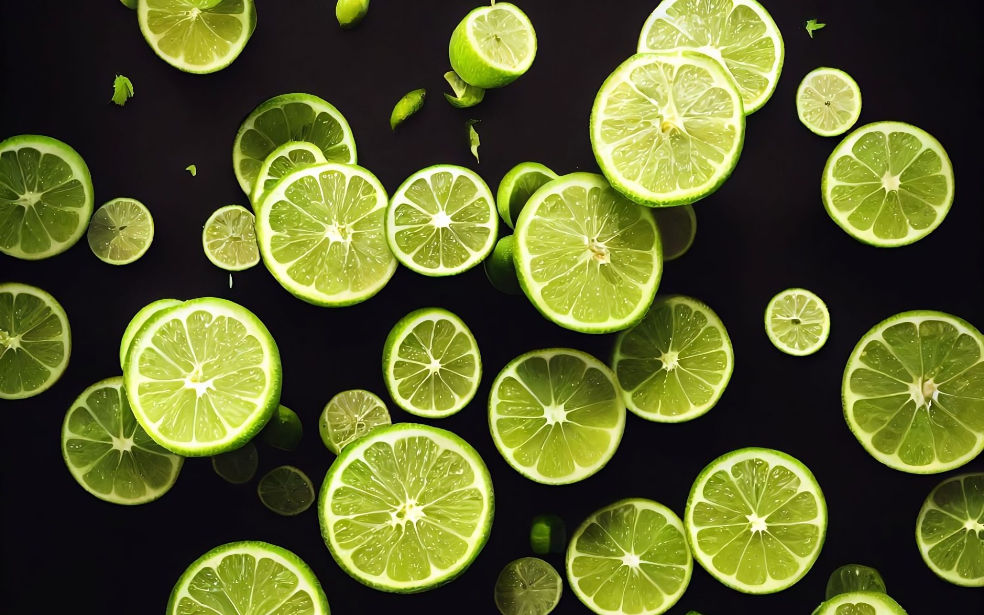 Половинки зеленого лайма в воздухе на черном фоне