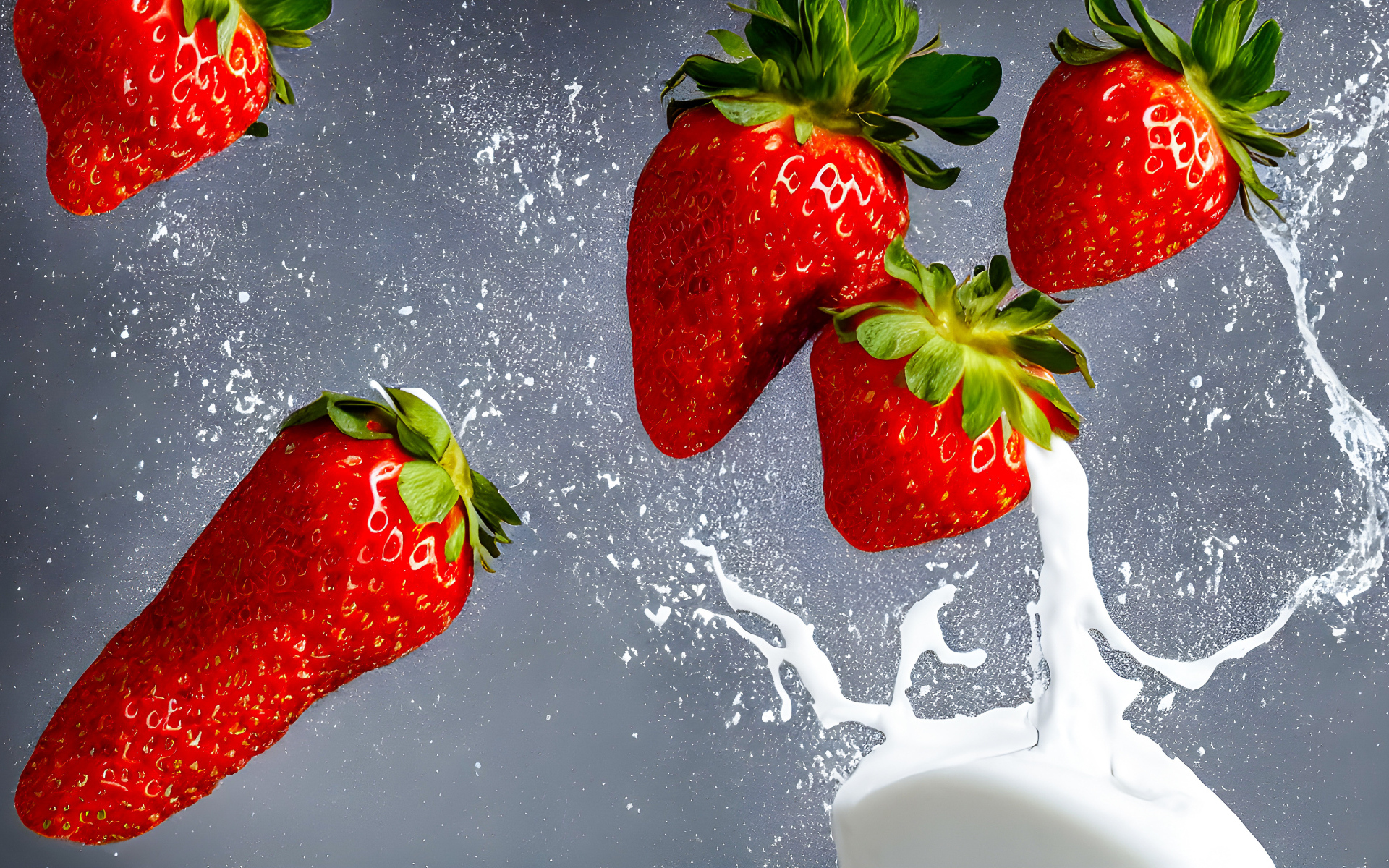 Красная клубника с брызгами молока на сером фоне