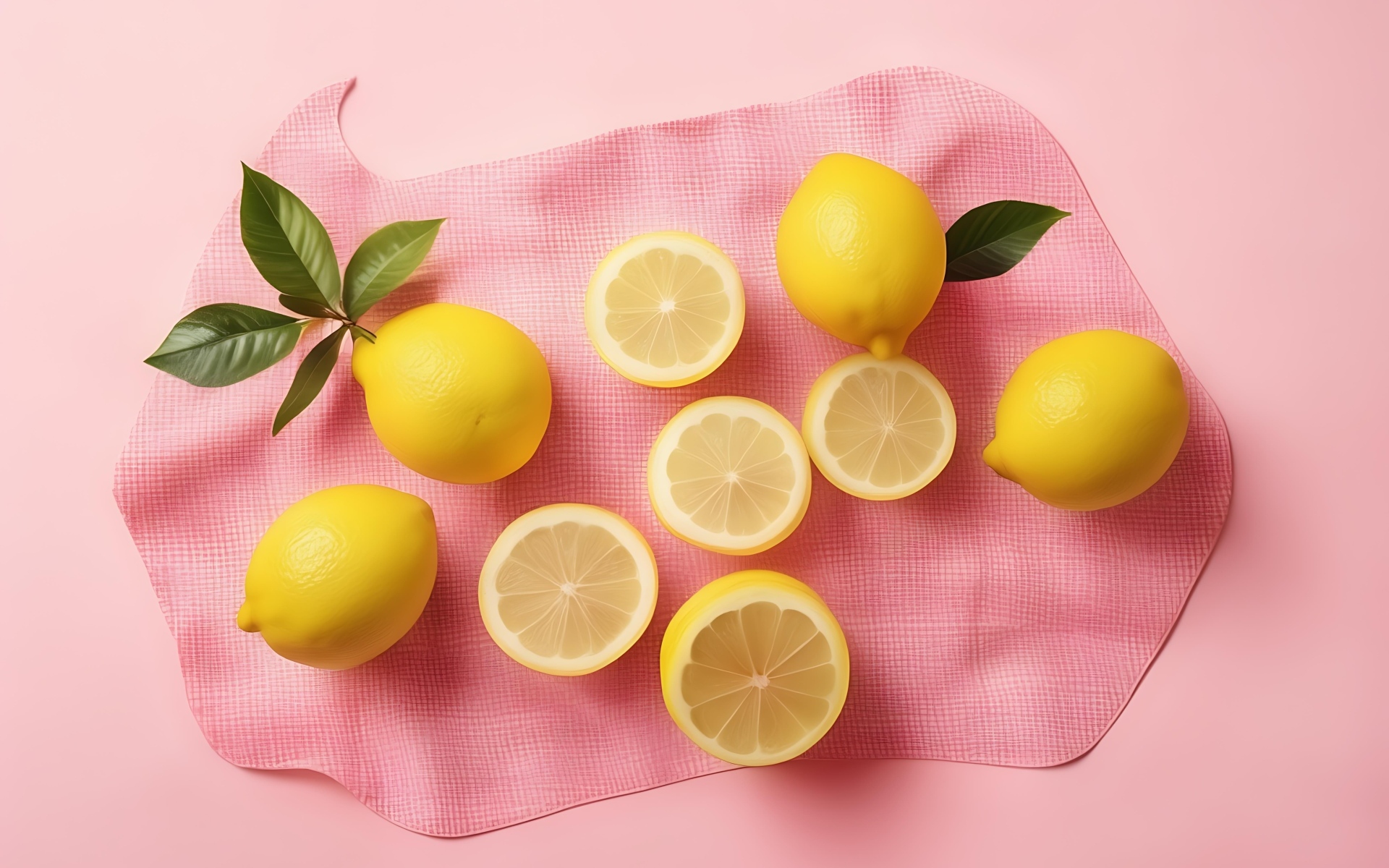 Желтые лимоны с полотенцем на розовом фоне