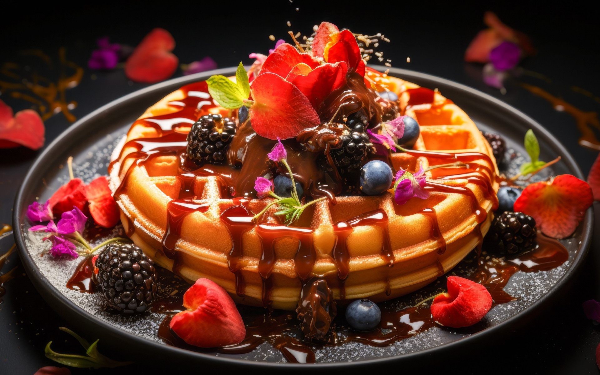 Аппетитная сладкая вафля с кремом и ягодами