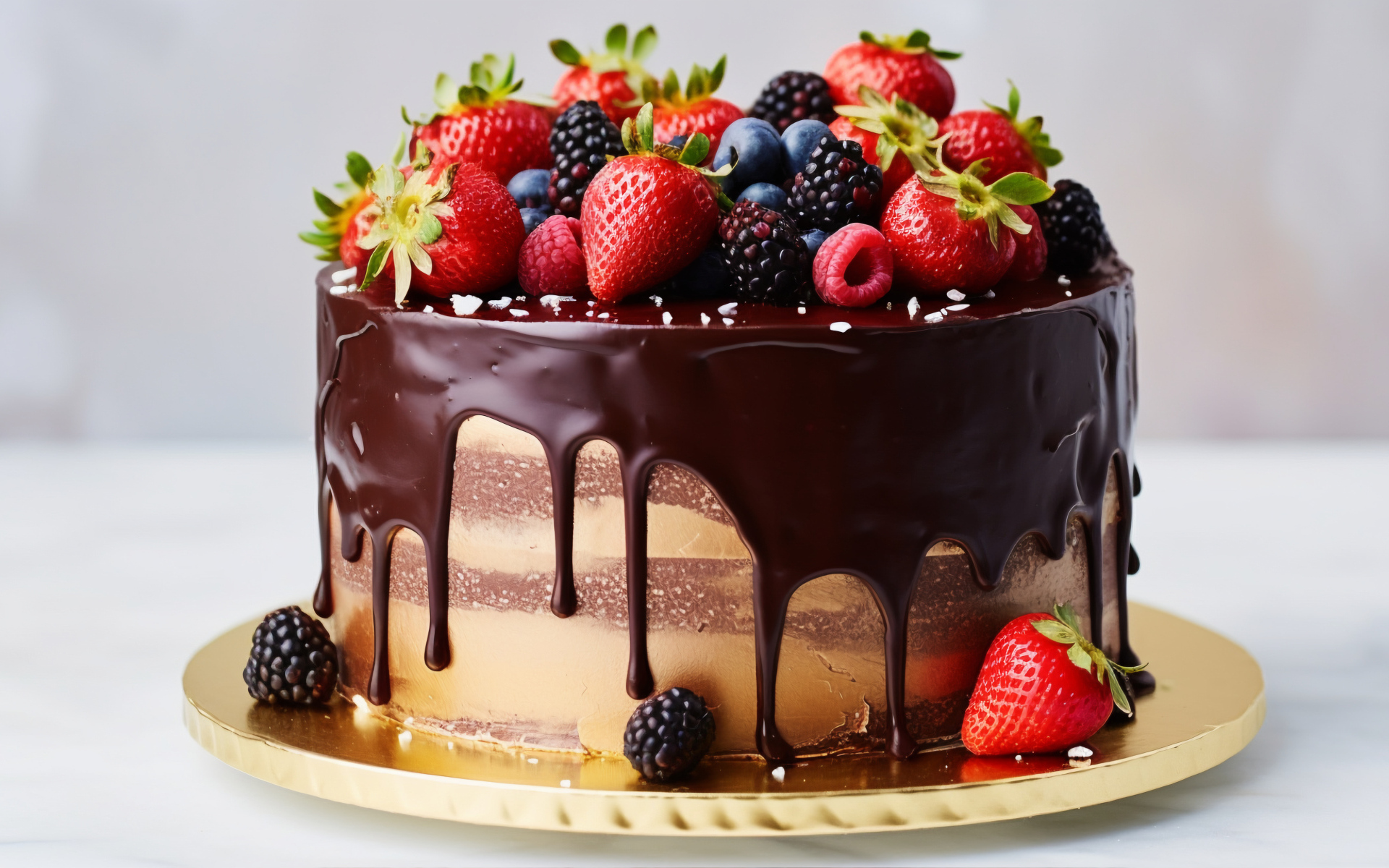 Торт в шоколадной глазури со свежими ягодами