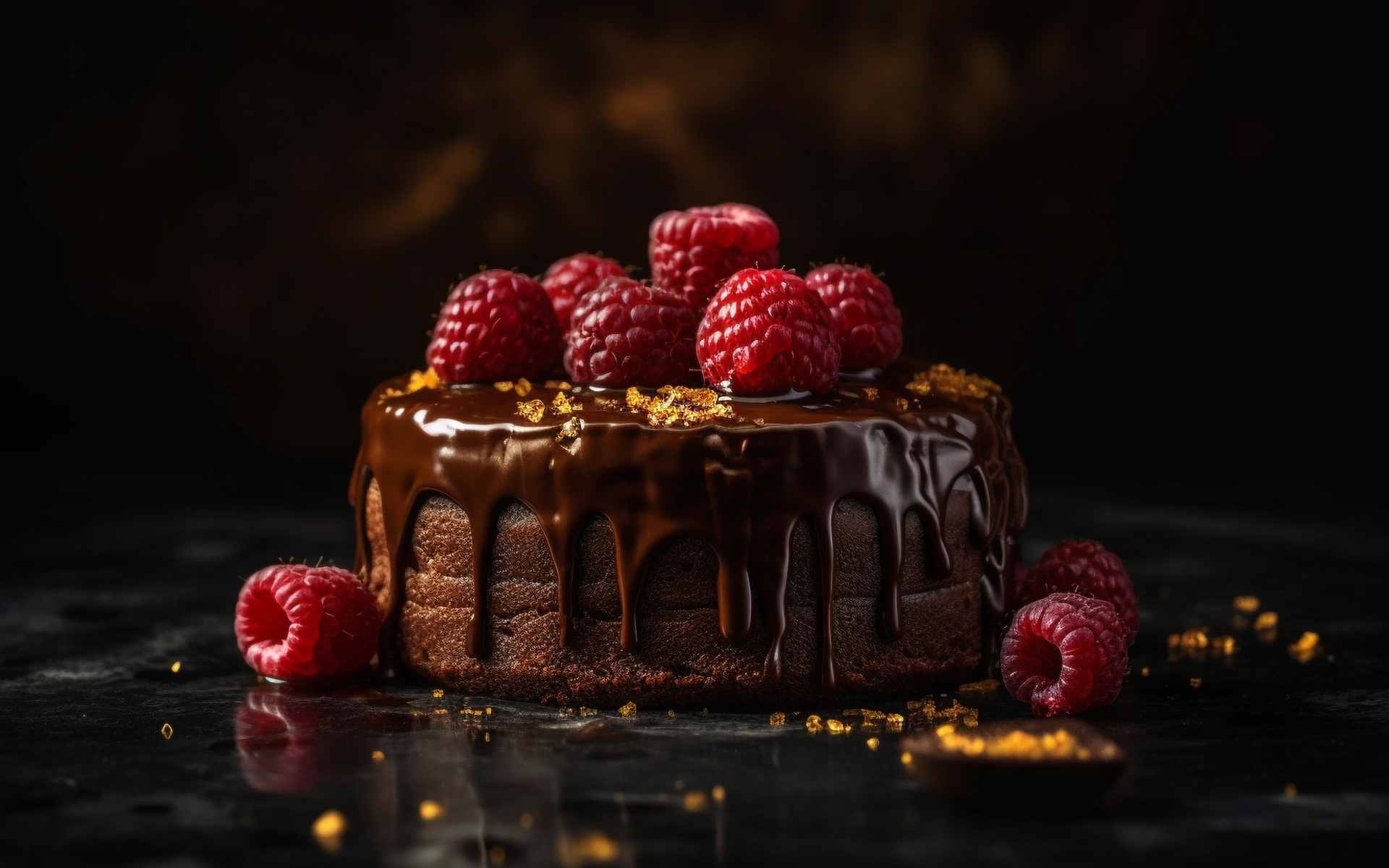 Торт в шоколаде с ягодами малины