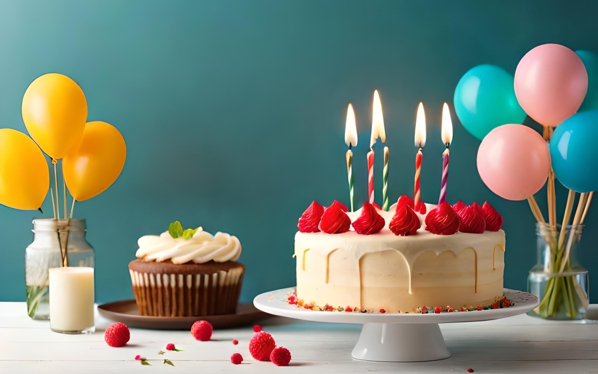 Праздничный торт на столе с шариками