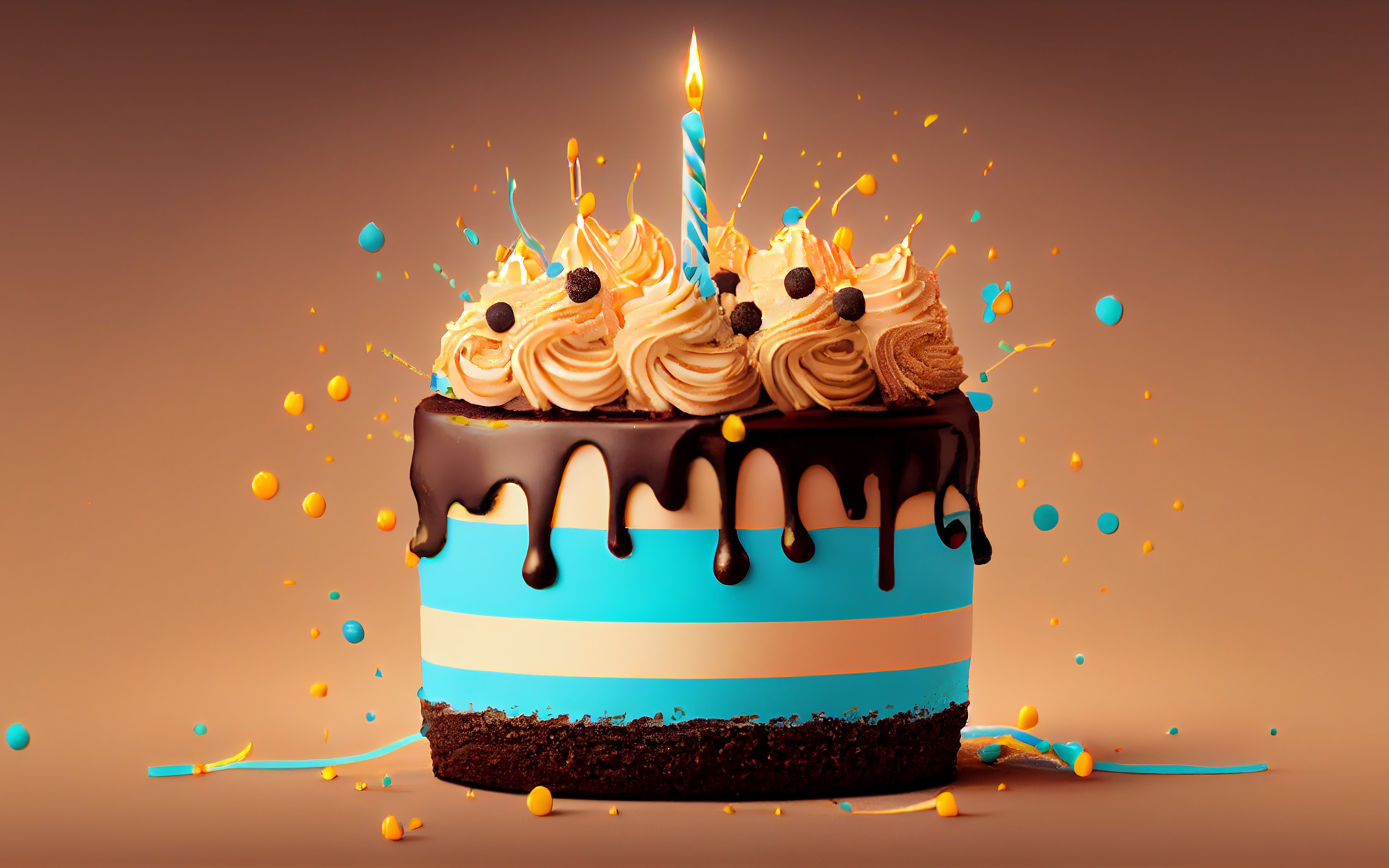 Праздничный разноцветный торт с зажженной свечкой