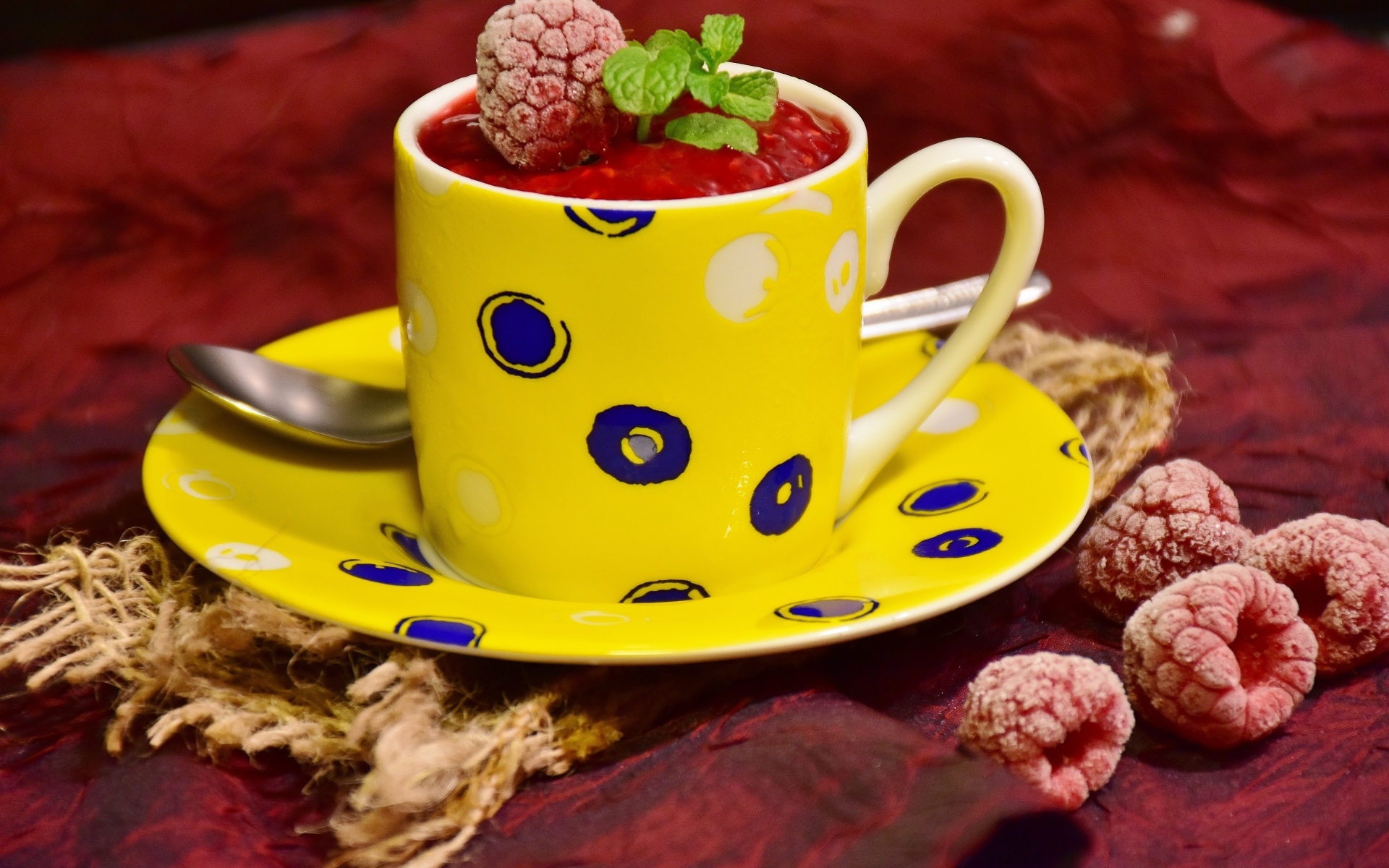 Малиновый сорбет с ягодами на столе в чашке