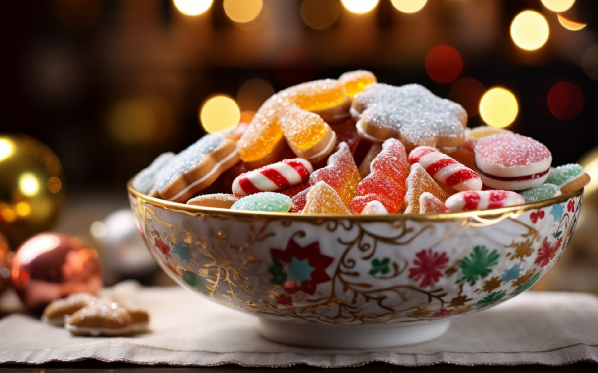 Сладкие праздничные конфеты в тарелке на столе