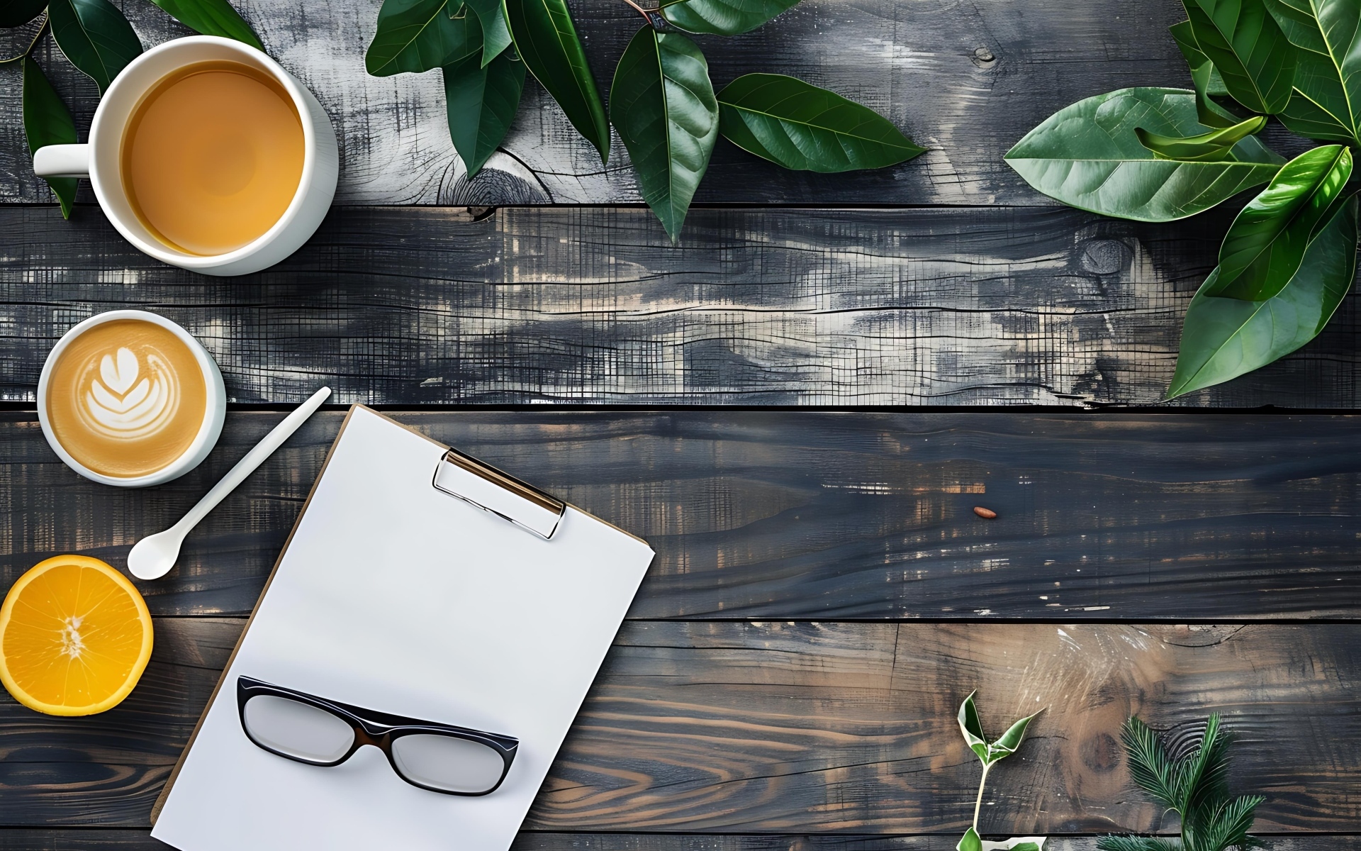 Кофе на столе с блокнотом, очками и зелеными листьями