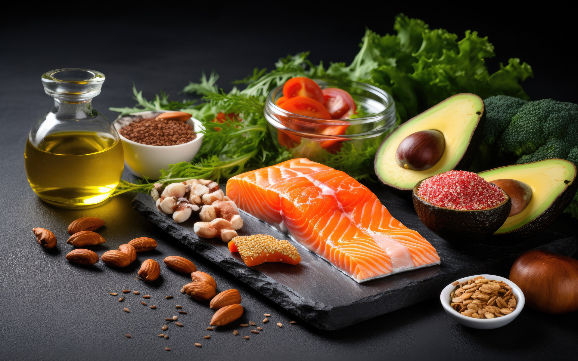 Рыба на столе с орехами и овощами