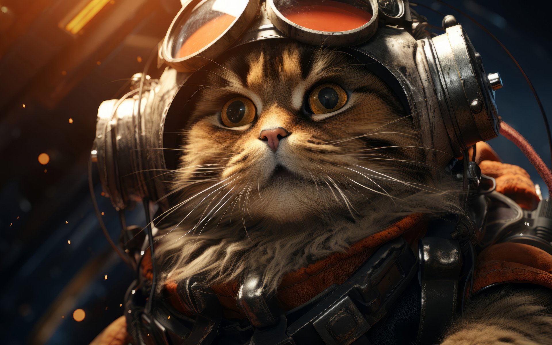 Пушистый серый кот пилот в шлеме