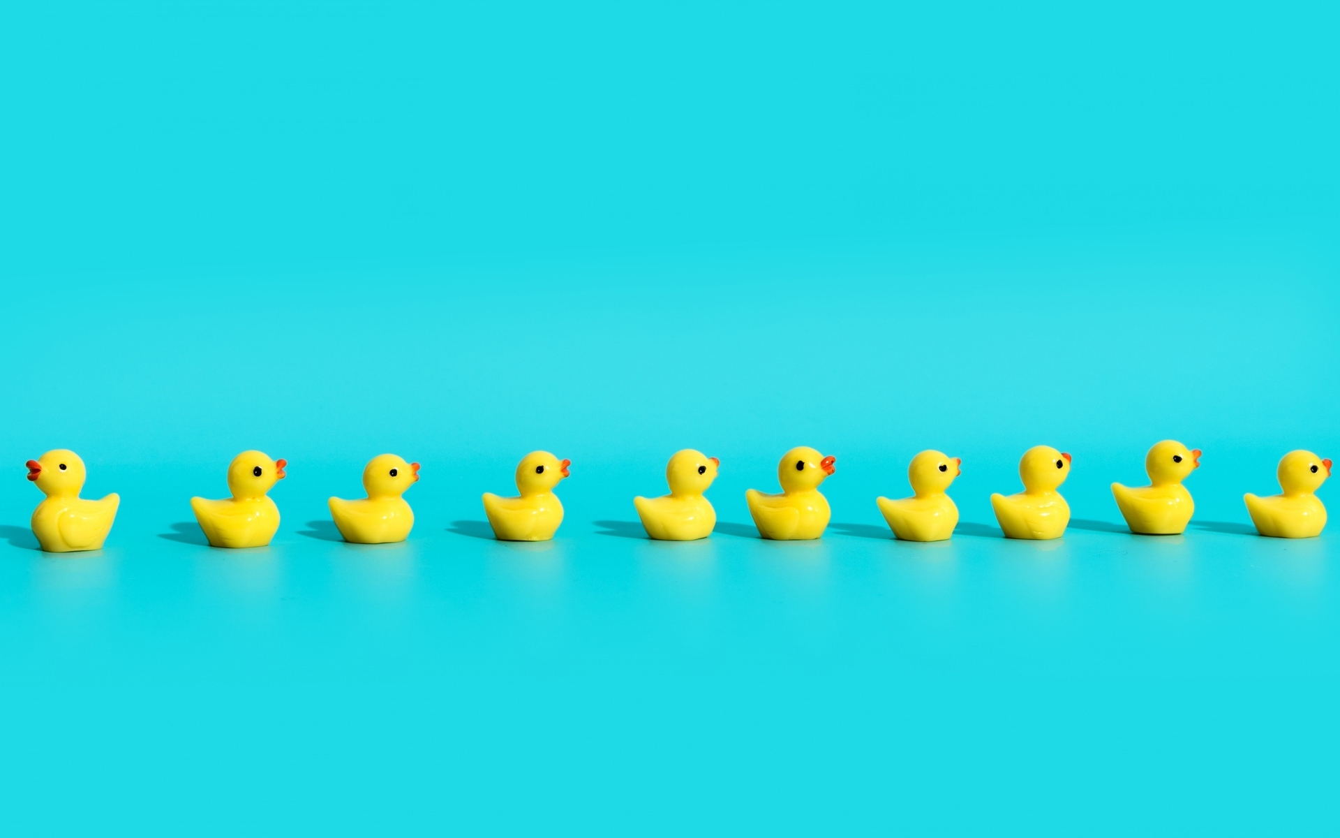 Маленькие игрушечные утята на голубом фоне