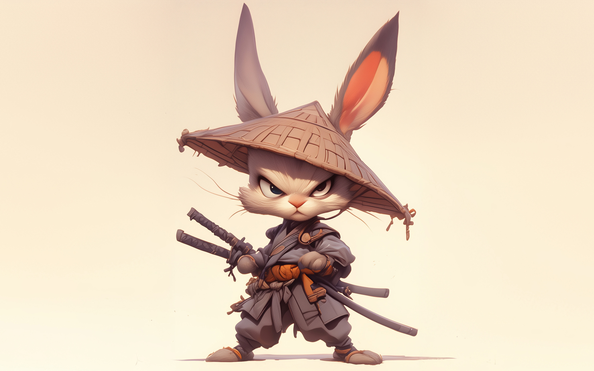 Кролик самурай с двумя катанами на светлом фоне в соломенной шляпе