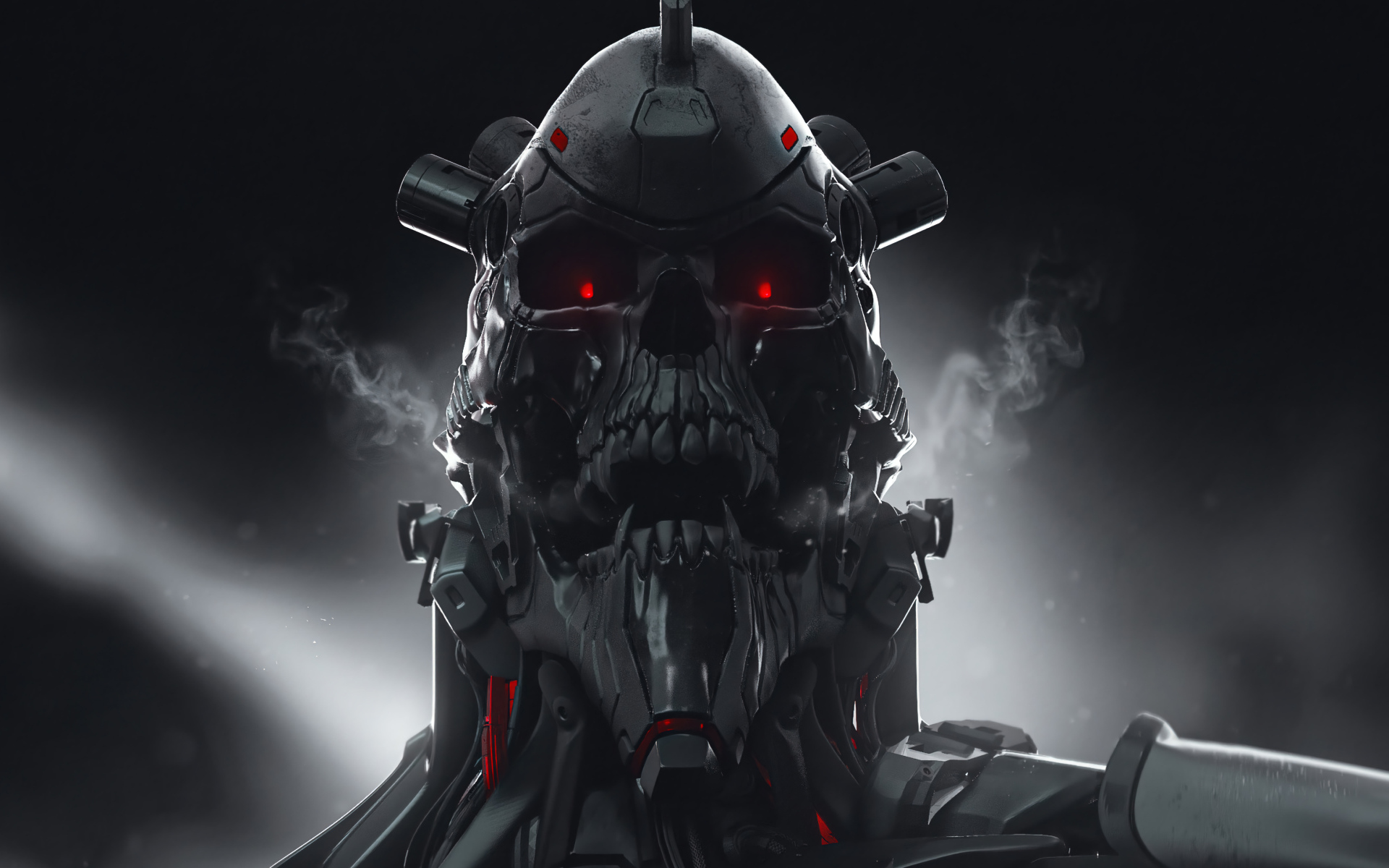 Злой солдат андроид на сером фоне