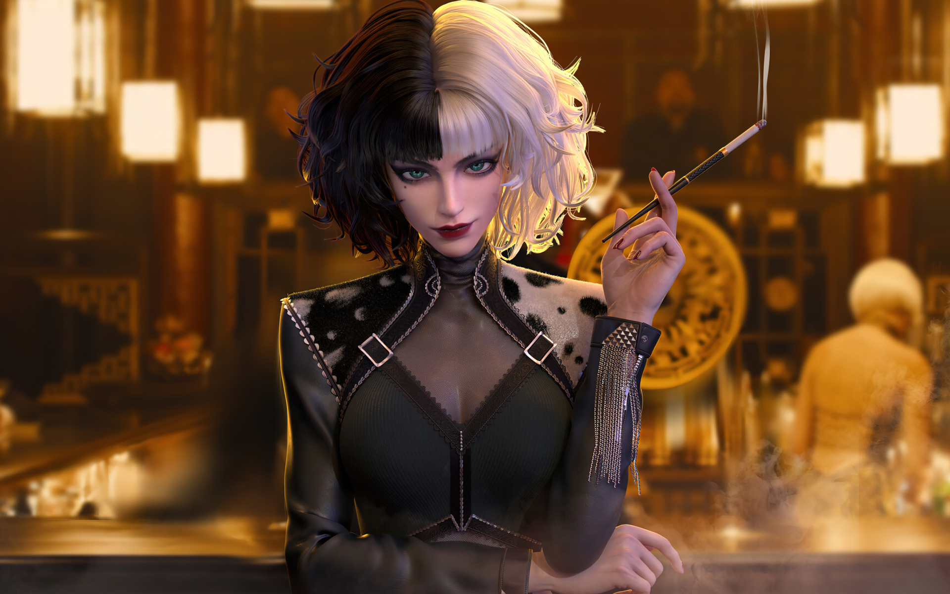 Круэлла с сигаретой в баре