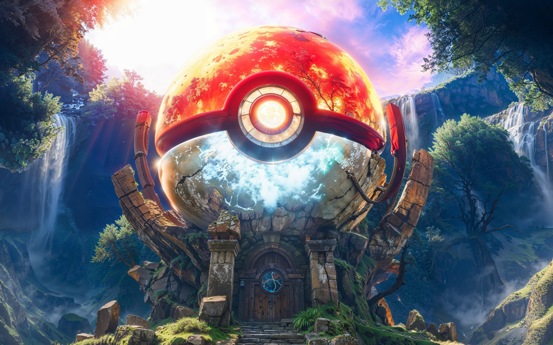 Pokemon ball on a house in the forest near a waterfall