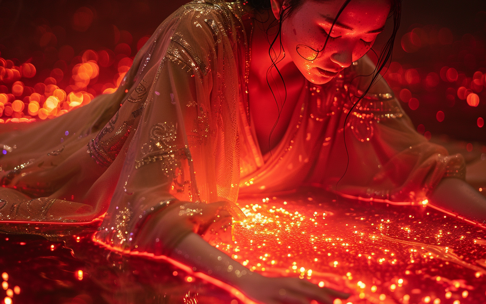 Девушка азиатка в красивом платье на светящемся фоне