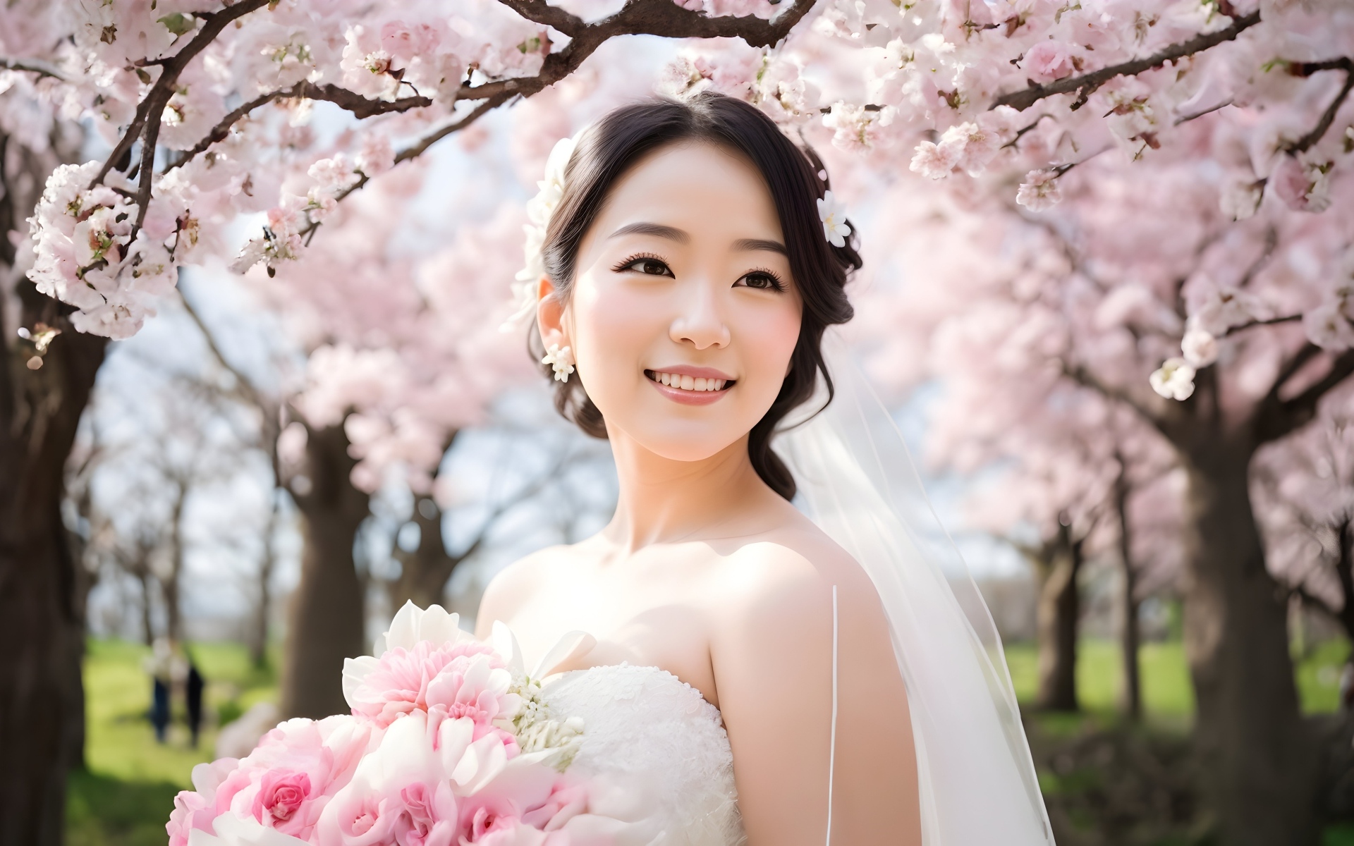Красивая девушка азиатка в свадебном платье на фоне цветущих деревьев