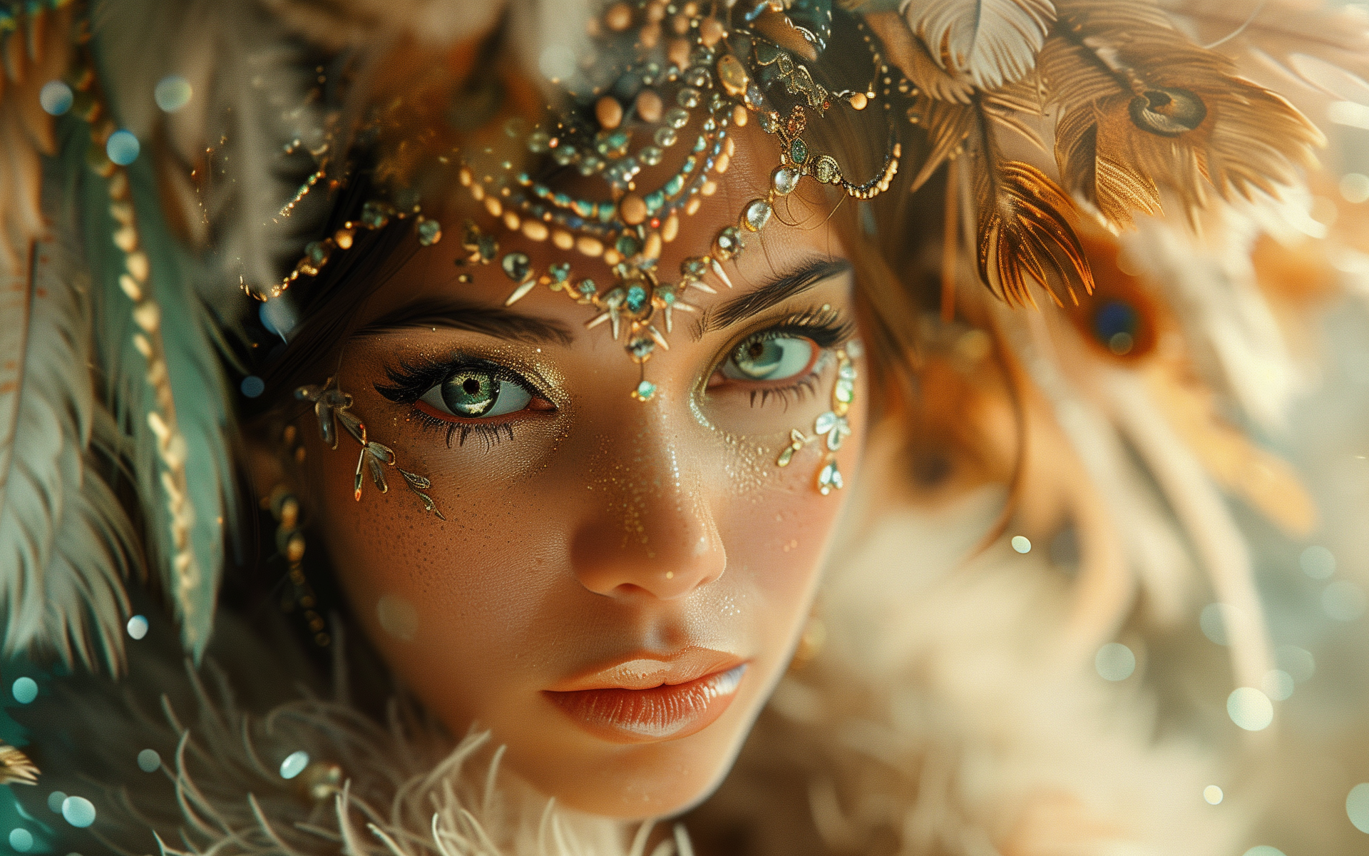Красивая девушка с макияжем и блестящими украшениями на голове