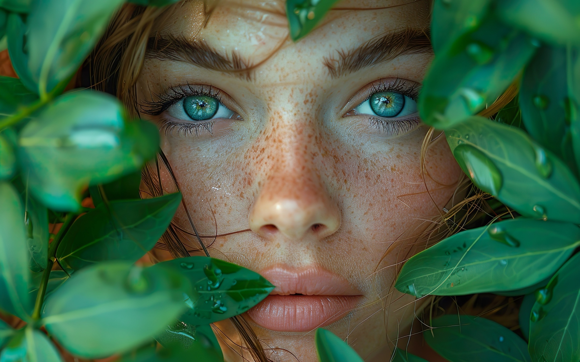 Красивая зеленоглазая девушка в зеленых листьях