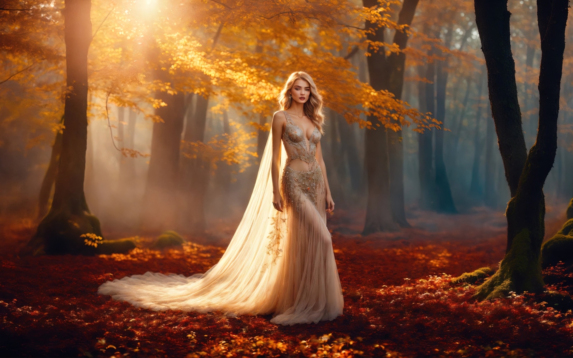 Блондинка в красивом платье в осеннем лесу
