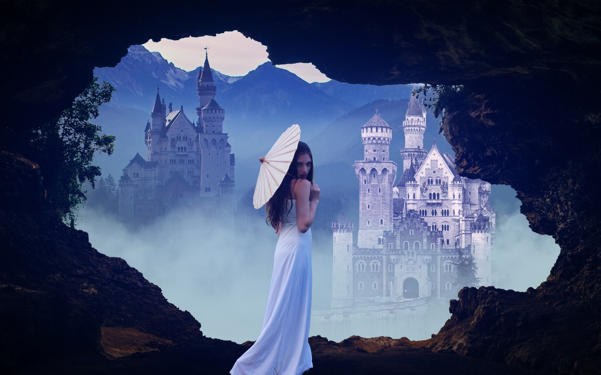Девушка в белом платье с зонтом на фоне замка